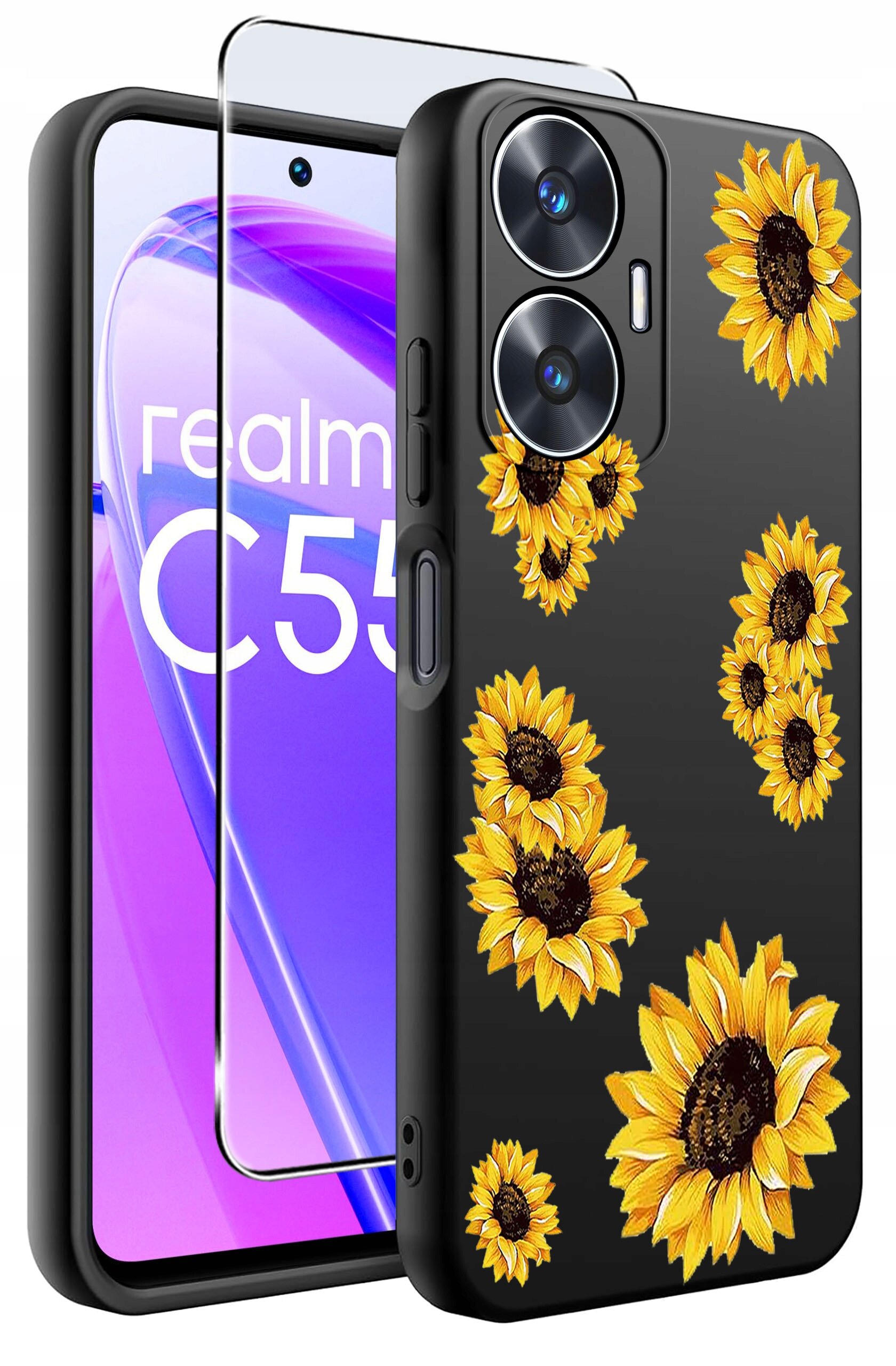 Obraz przedstawia czarne etui na telefon z wzorem żółtych słoneczników oraz szkło ochronne. Na ekranie telefonu widoczny jest napis \'realme C55\'.