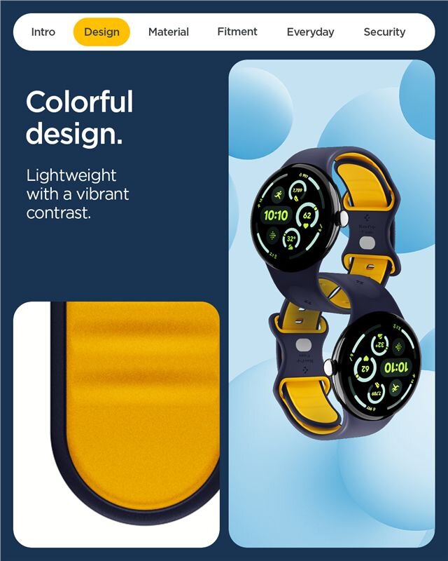 Obraz przedstawia dwa zegarki z kolorowymi paskami w odcieniach granatu i żółci na tle niebieskich kul. Tekst na obrazie: \'Colorful design. Lightweight with a vibrant contrast.\'