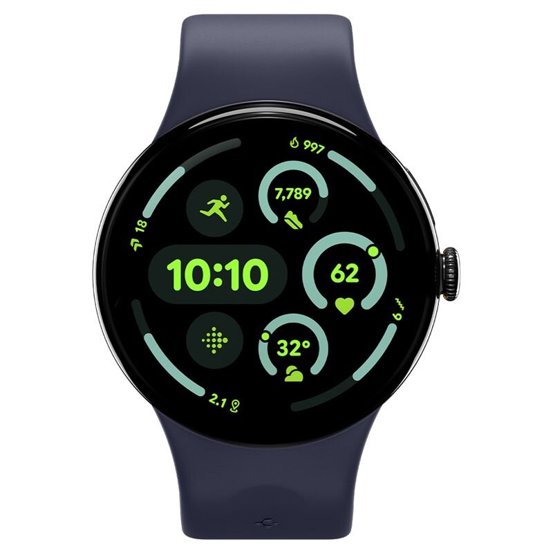 Smartwatch z ciemnym wyświetlaczem pokazującym godzinę 10:10 oraz różne wskaźniki aktywności w kolorze zielonym. Pasek zegarka jest w kolorze granatowym.