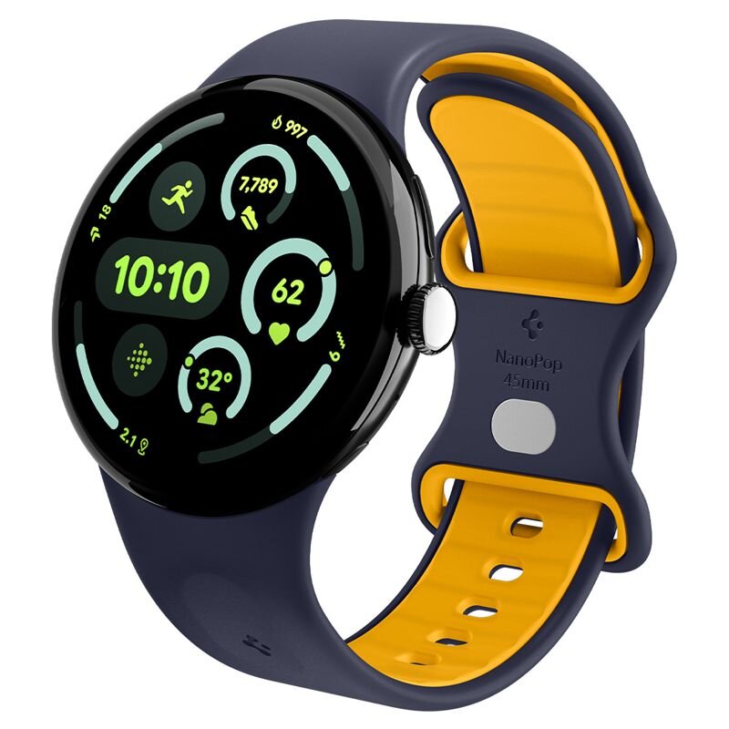 Smartwatch z okrągłym wyświetlaczem pokazuje różne dane, takie jak czas 10:10, kroki 7,789 i tętno 62. Pasek zegarka jest w kolorze granatowym z żółtym wnętrzem, z napisem \'NanoPop 41mm\'.