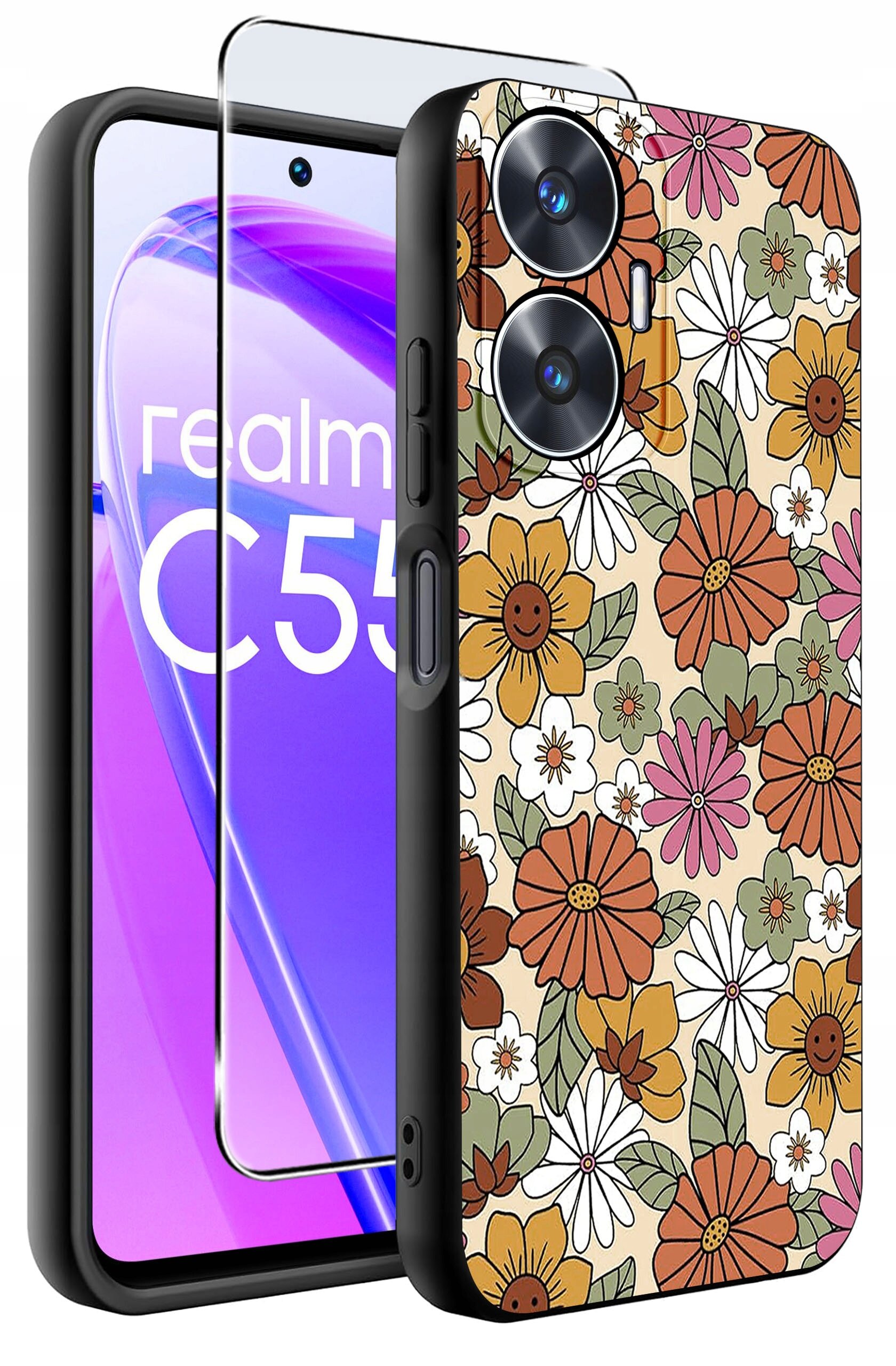 Obraz przedstawia etui na telefon z kolorowym wzorem kwiatowym oraz szkło ochronne. Na ekranie telefonu widoczny jest napis \'realme C55\'.