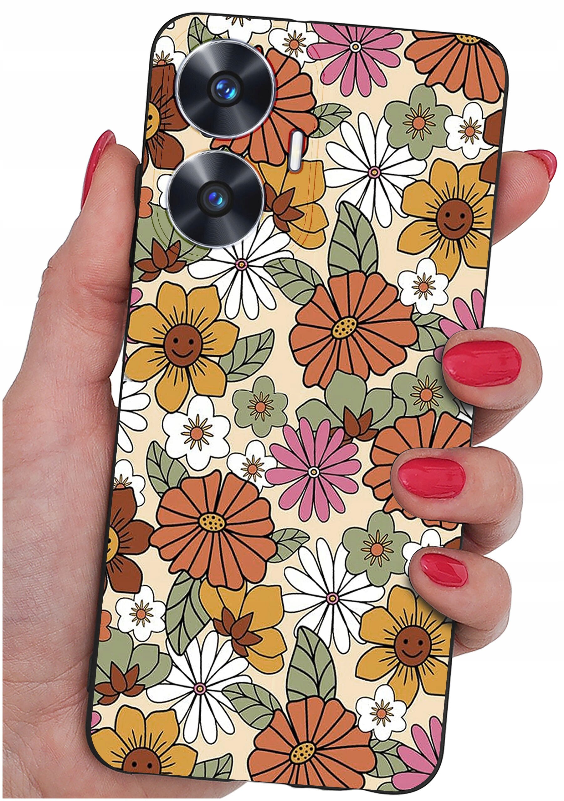 Etui na telefon z kolorowym wzorem kwiatów w odcieniach pomarańczowego, różowego, białego i zielonego, trzymane w dłoni z pomalowanymi na czerwono paznokciami. Widoczne są dwa obiektywy aparatu i mały otwór na lampę błyskową.