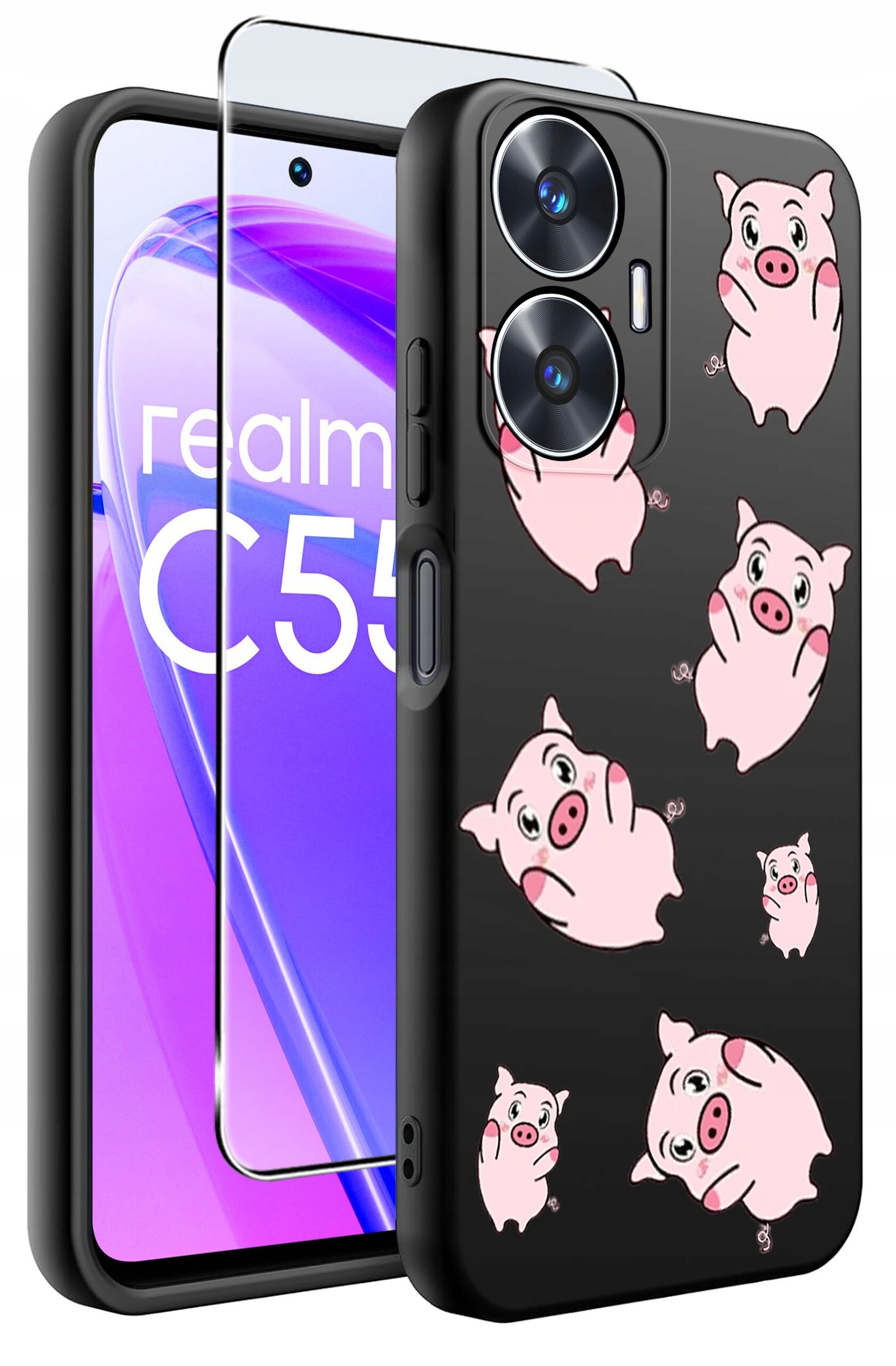 Czarne etui na telefon z nadrukiem różowych świnek oraz szkło ochronne na ekran. Na ekranie telefonu widoczny jest napis \'realme C55\'.