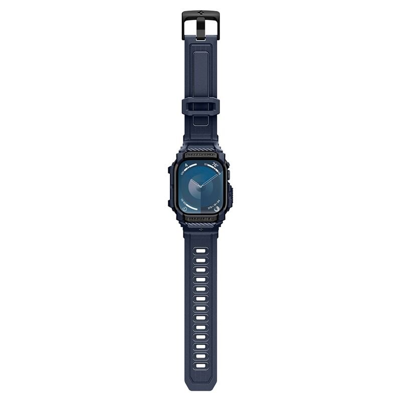 Na obrazie widoczny jest granatowy pasek do zegarka z prostokątną kopertą, przeznaczony dla Apple Watch. Pasek ma regulowane zapięcie i otwory wentylacyjne.