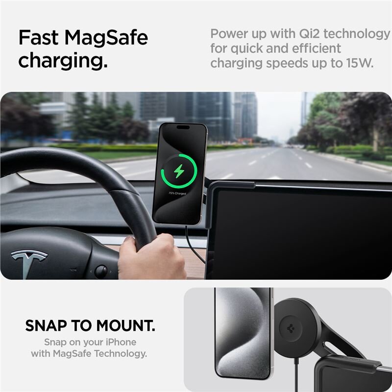 Obraz przedstawia wnętrze samochodu z zamontowanym uchwytem na telefon, na którym widoczny jest ekran z ikoną ładowania. Tekst na obrazie: \'Fast MagSafe charging. Power up with Qi2 technology for quick and efficient charging speeds up to 15W. SNAP TO MOUNT. Snap on your iPhone with MagSafe Technology.\'