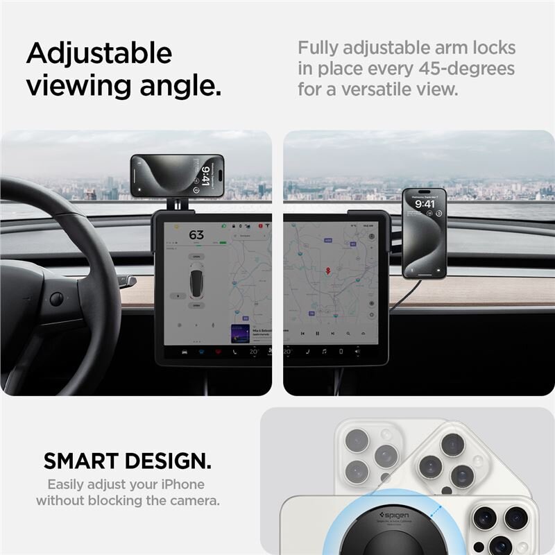Obraz przedstawia uchwyt samochodowy z telefonem zamontowanym na desce rozdzielczej, z widocznym ekranem nawigacji. Tekst na obrazie: \'Adjustable viewing angle. Fully adjustable arm locks in place every 45-degrees for a versatile view. SMART DESIGN. Easily adjust your iPhone without blocking the camera.\'