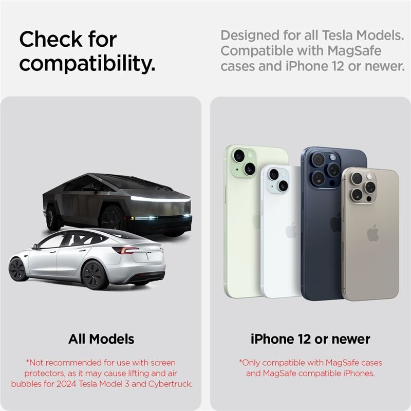 Obraz przedstawia dwa samochody Tesla oraz cztery modele iPhone\'ów. Tekst na obrazie: \'Check for compatibility. Designed for all Tesla Models. Compatible with MagSafe cases and iPhone 12 or newer. All Models *Not recommended for use with screen protectors, as it may cause lifting and air bubbles for 2024 Tesla Model 3 and Cybertruck. iPhone 12 or newer *Only compatible with MagSafe cases and MagSafe compatible iPhones.\'