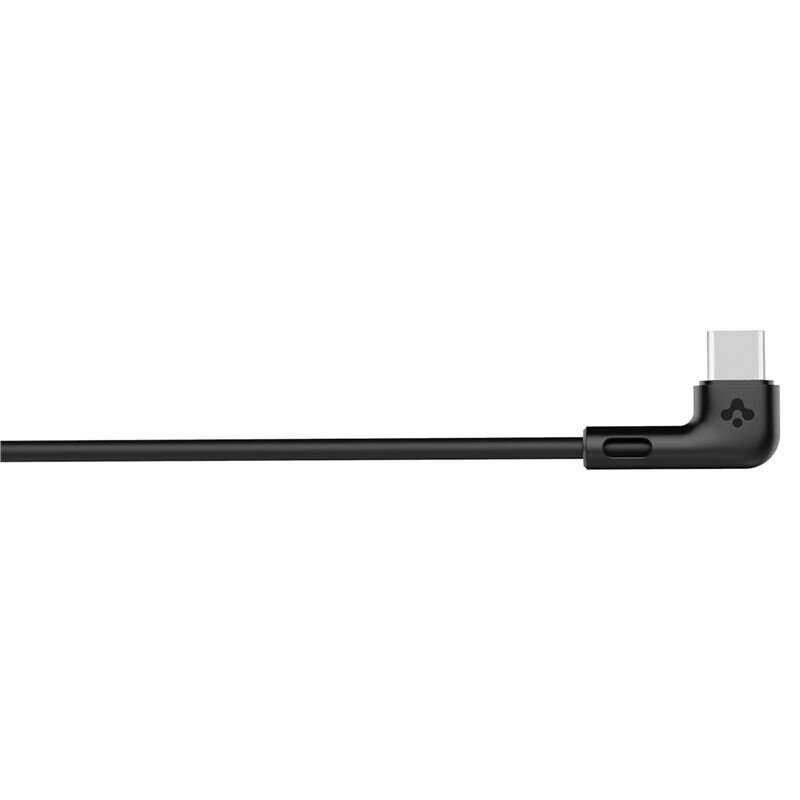 Czarny kabel z końcówką USB-C w kształcie litery L, z widocznym logo producenta na złączu.