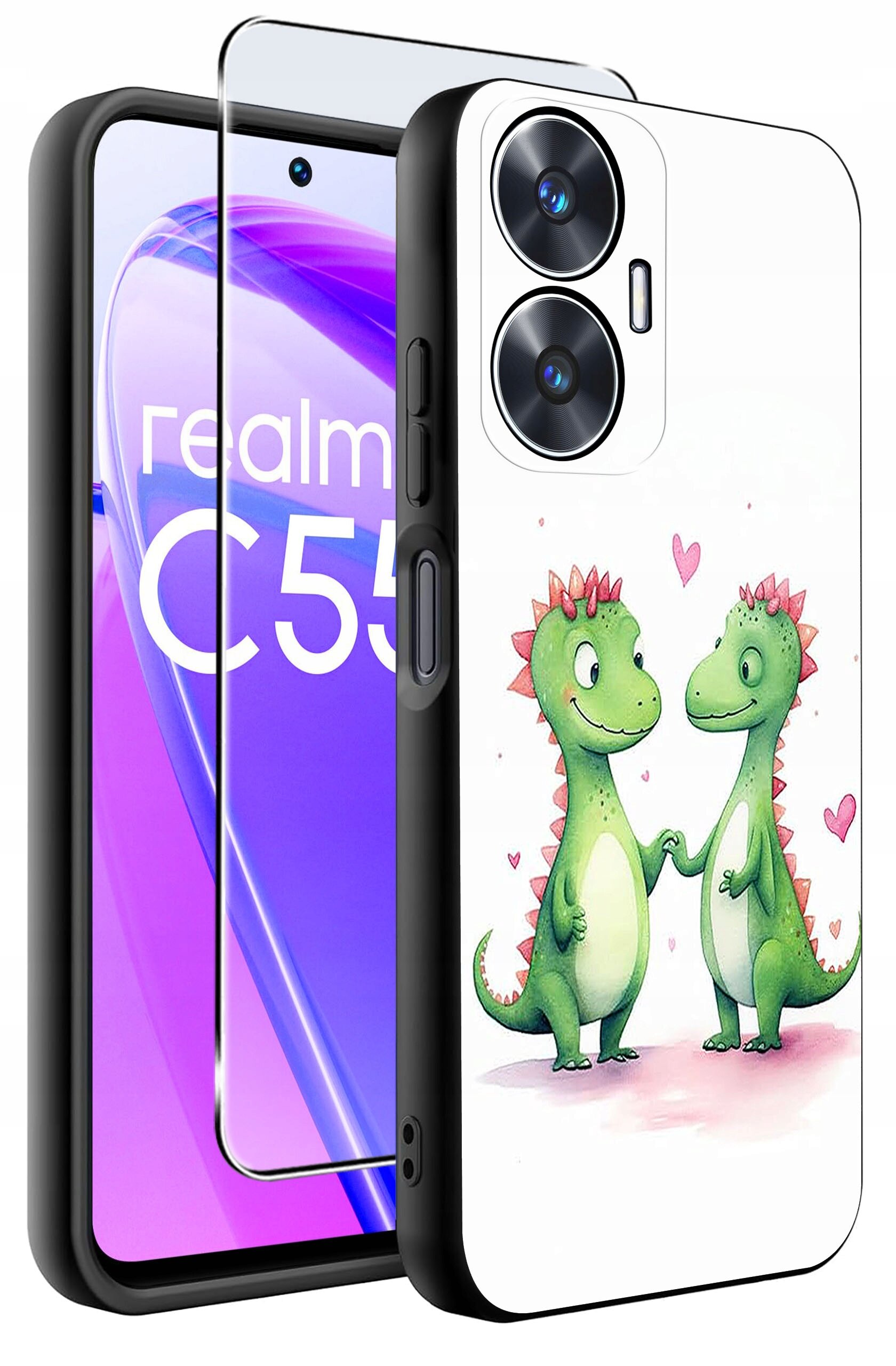 Etui na telefon z grafiką dwóch zielonych dinozaurów trzymających się za ręce, otoczonych różowymi serduszkami. Obok widoczny jest telefon z napisem \'realme C55\' na ekranie oraz szkło ochronne.