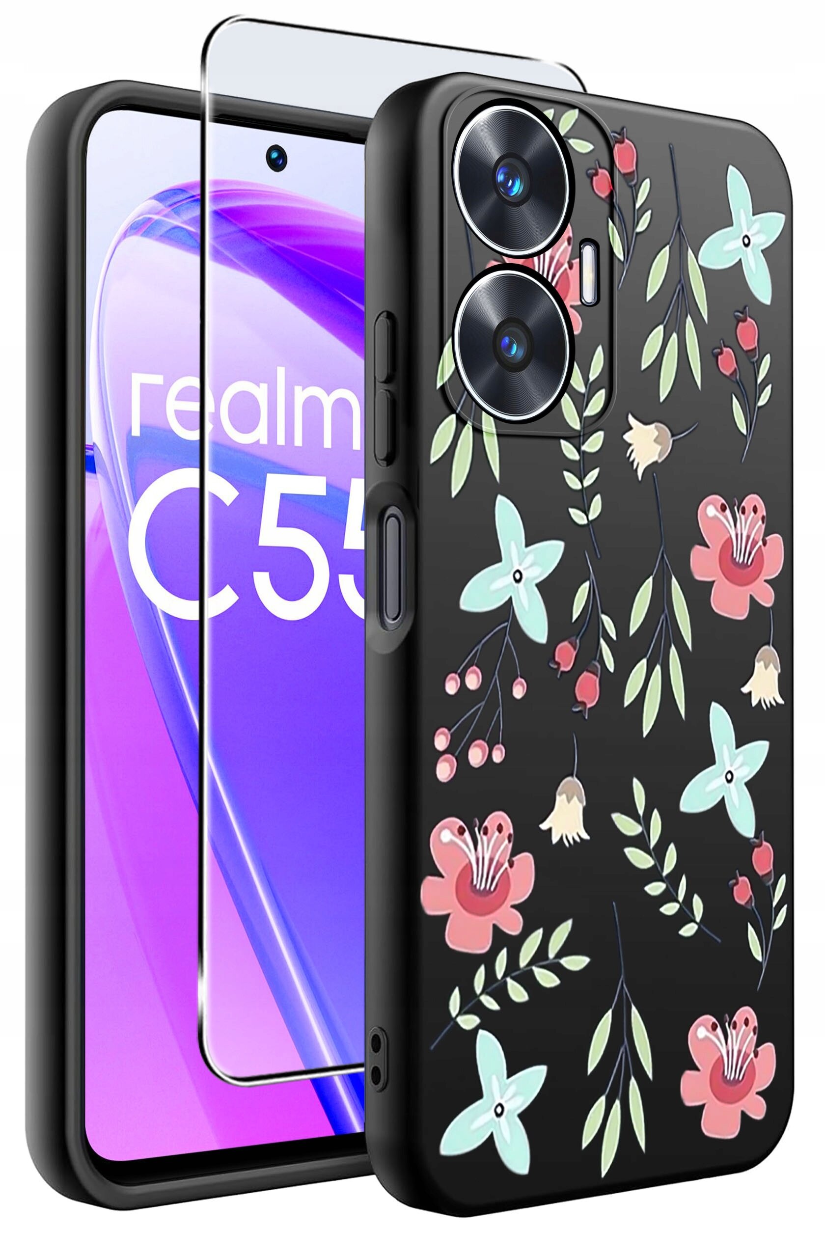 Obraz przedstawia czarne etui na telefon z kolorowym wzorem kwiatowym oraz szkło ochronne. Na ekranie telefonu widoczny jest napis \'realme C55\'.