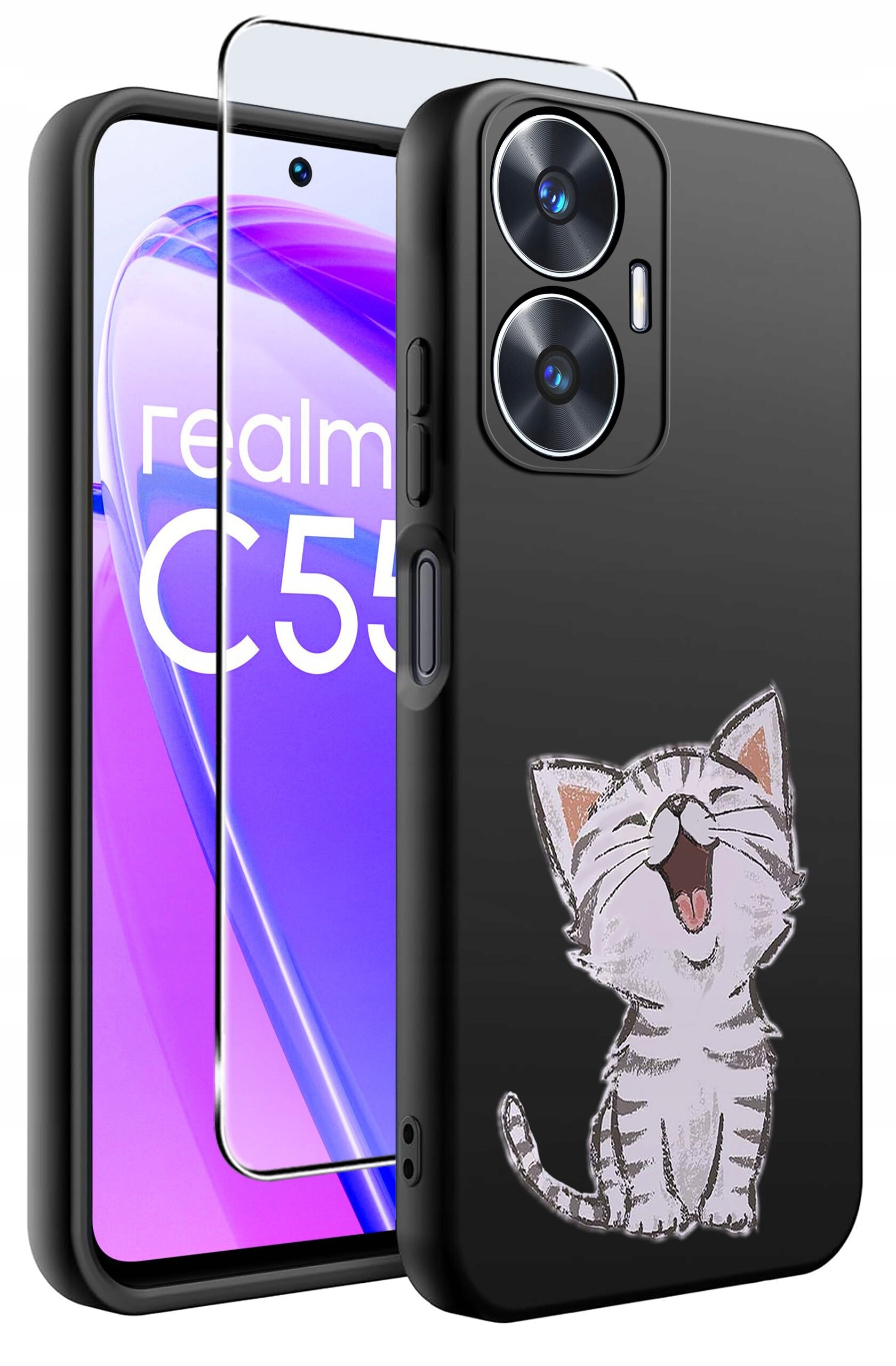 Obraz przedstawia czarne etui na telefon z rysunkiem uśmiechniętego kota oraz szkło ochronne. Na ekranie telefonu widoczny jest napis \'realme C55\'.
