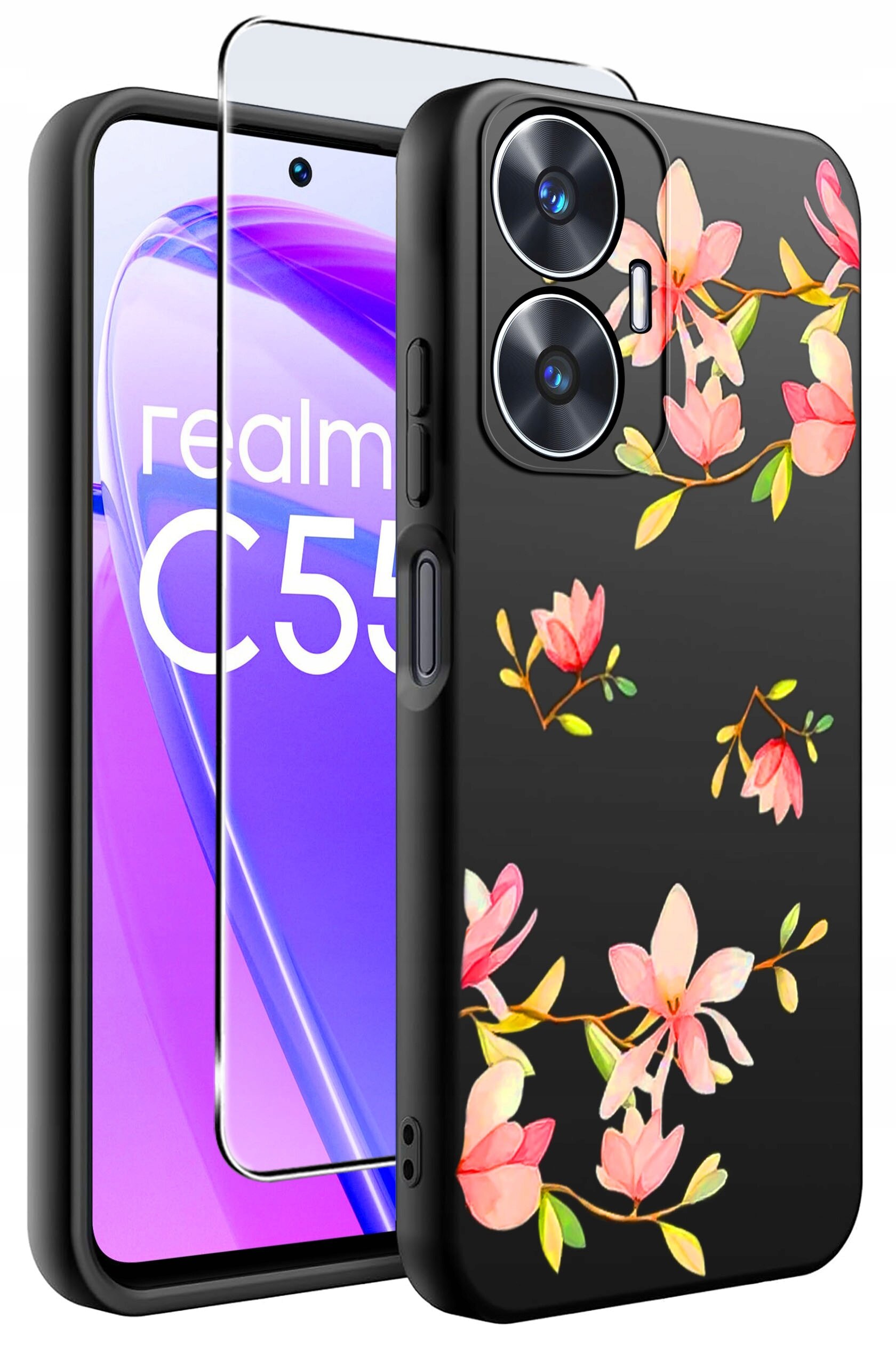 Obraz przedstawia czarne etui na telefon z kwiatowym wzorem oraz szkło ochronne. Na ekranie telefonu widoczny jest napis \'realme C55\'.