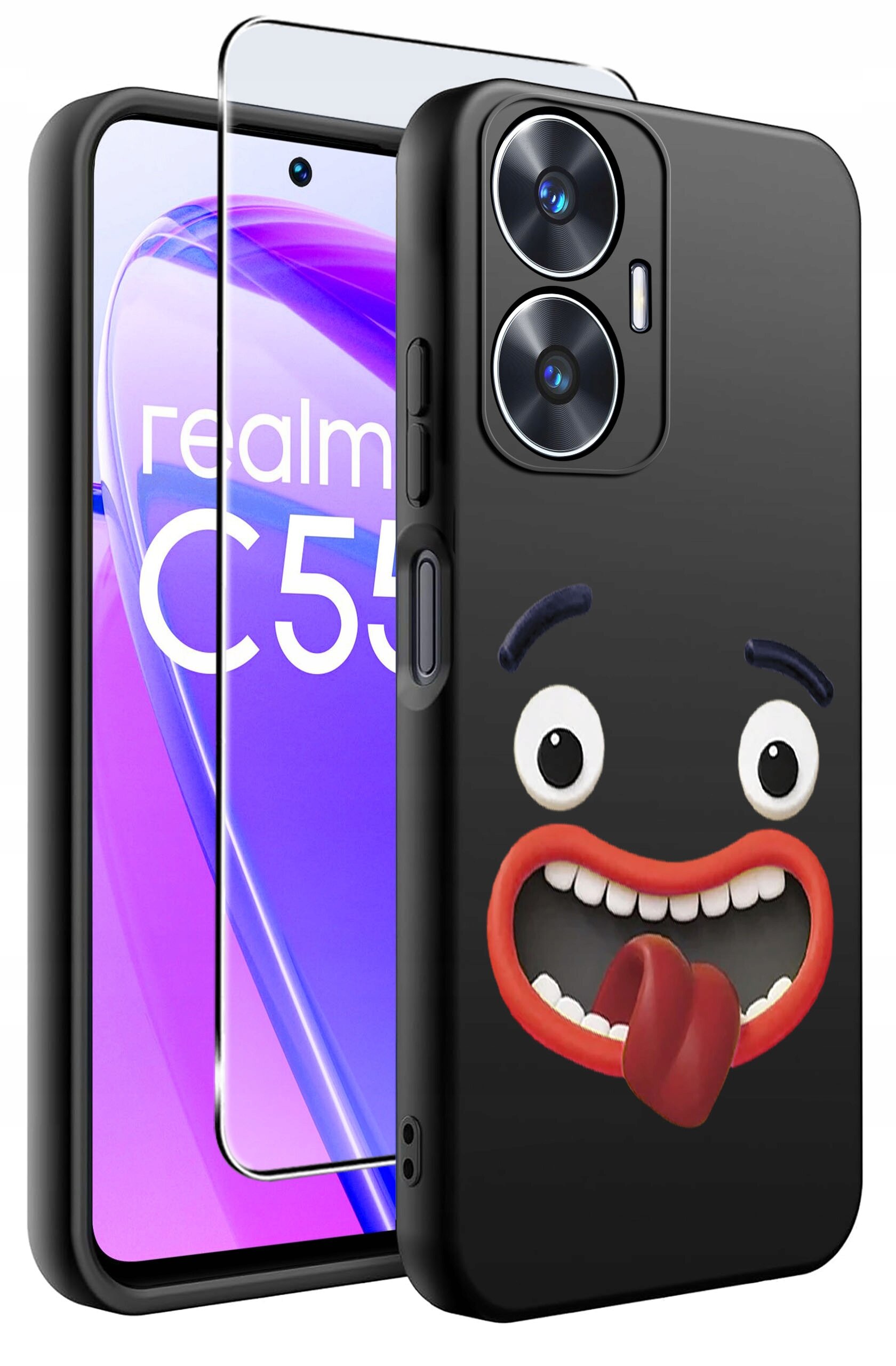 Obraz przedstawia czarne etui na telefon z nadrukiem uśmiechniętej twarzy z wystawionym językiem oraz szkło ochronne. Na ekranie telefonu widoczny jest napis \'realme C55\'.