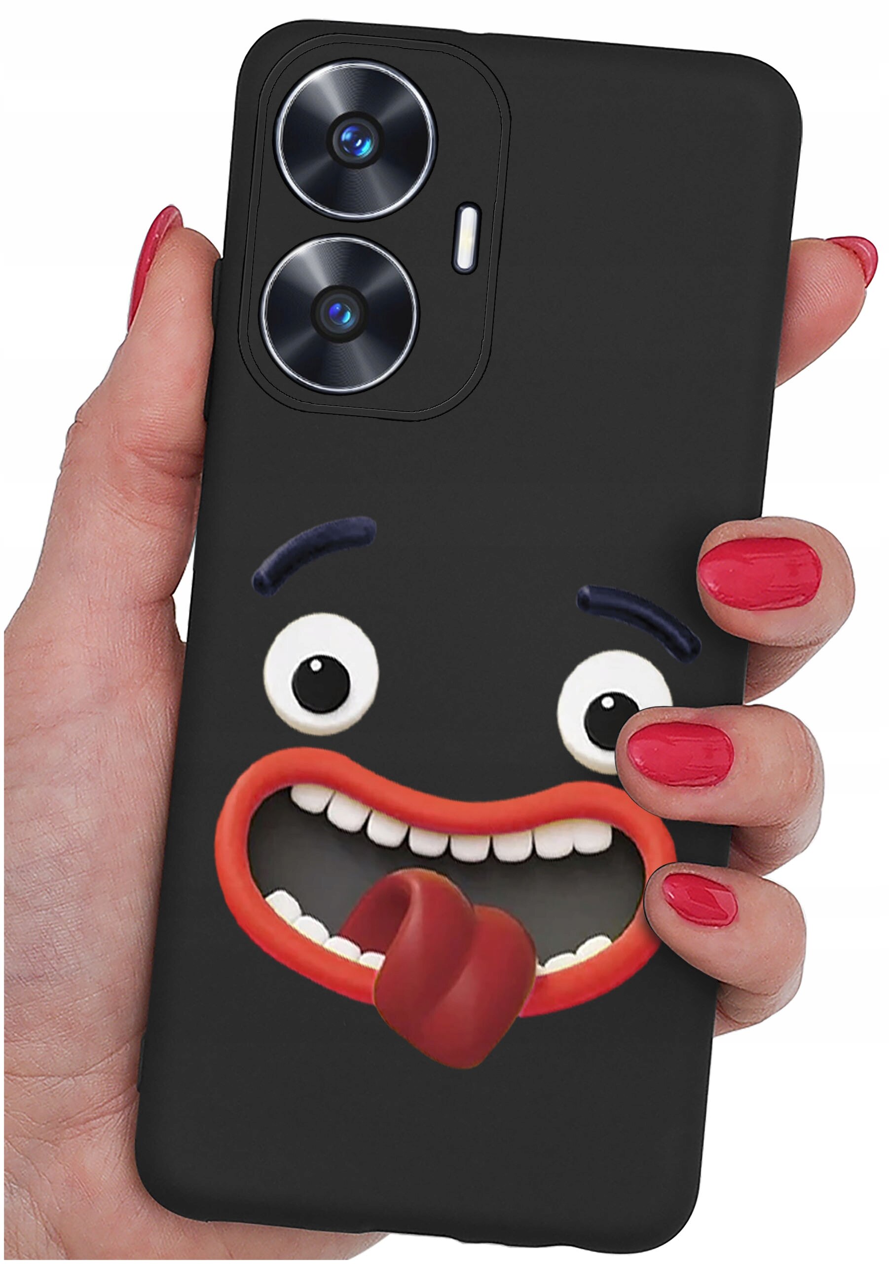 Czarne etui na telefon z nadrukiem uśmiechniętej twarzy z wystawionym językiem. Etui trzymane jest w dłoni z pomalowanymi na czerwono paznokciami.