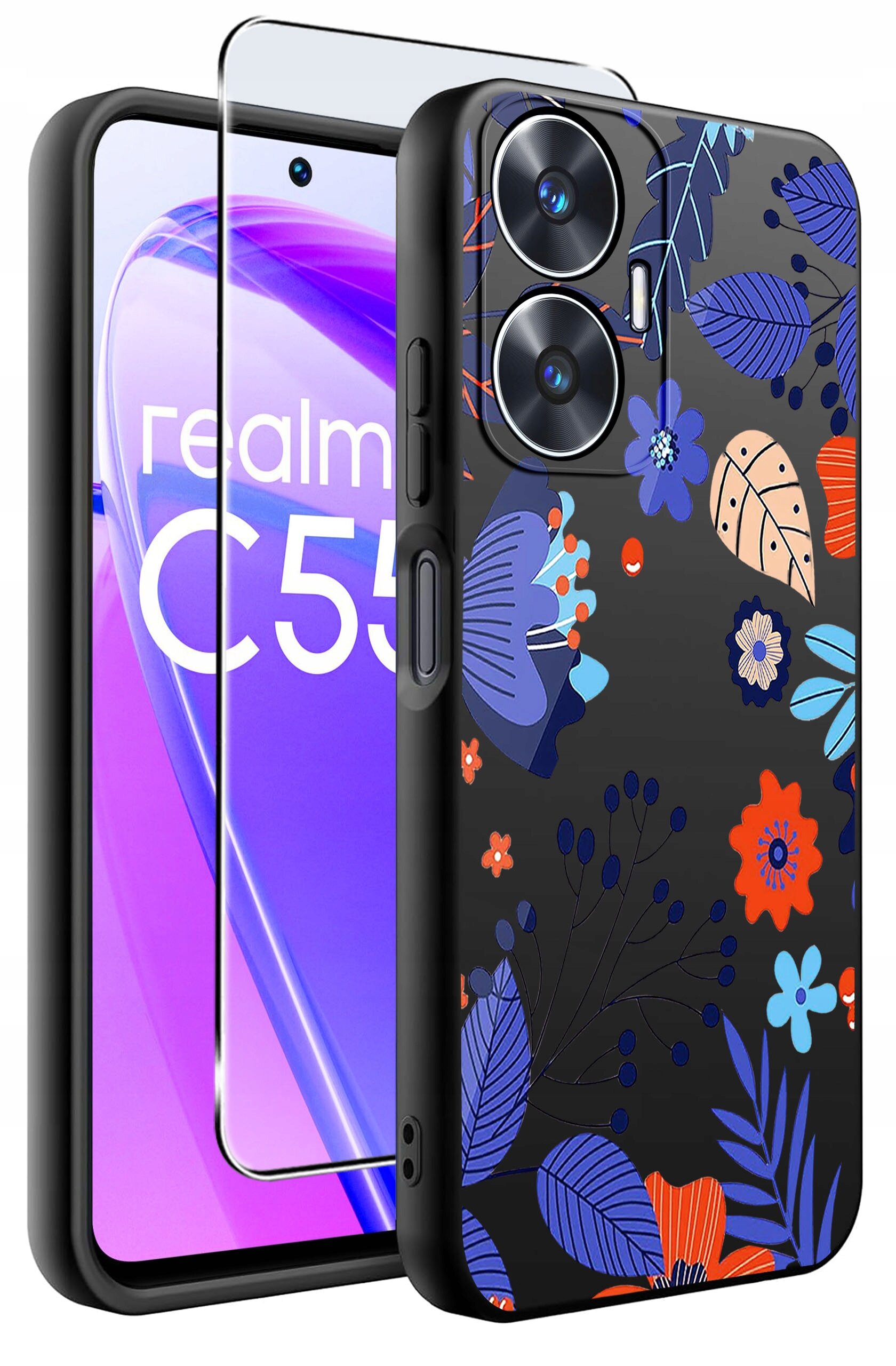 Obraz przedstawia etui na telefon z kolorowym wzorem kwiatowym oraz szkło ochronne. Na ekranie telefonu widoczny jest napis \'realme C55\'.