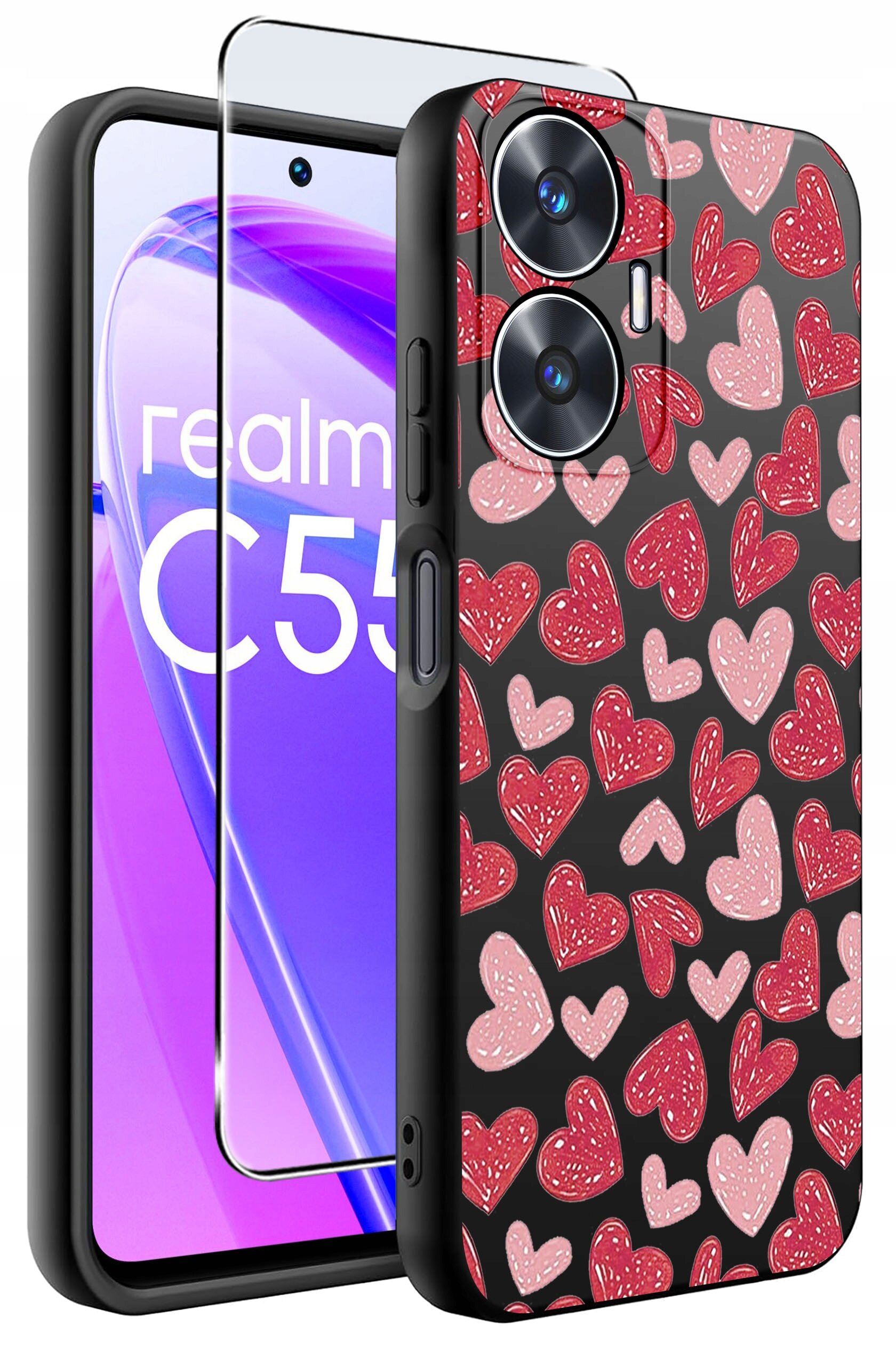 Obraz przedstawia etui na telefon z wzorem czerwonych i różowych serc na czarnym tle oraz szkło ochronne. Na ekranie telefonu widoczny jest napis \'realme C55\'.