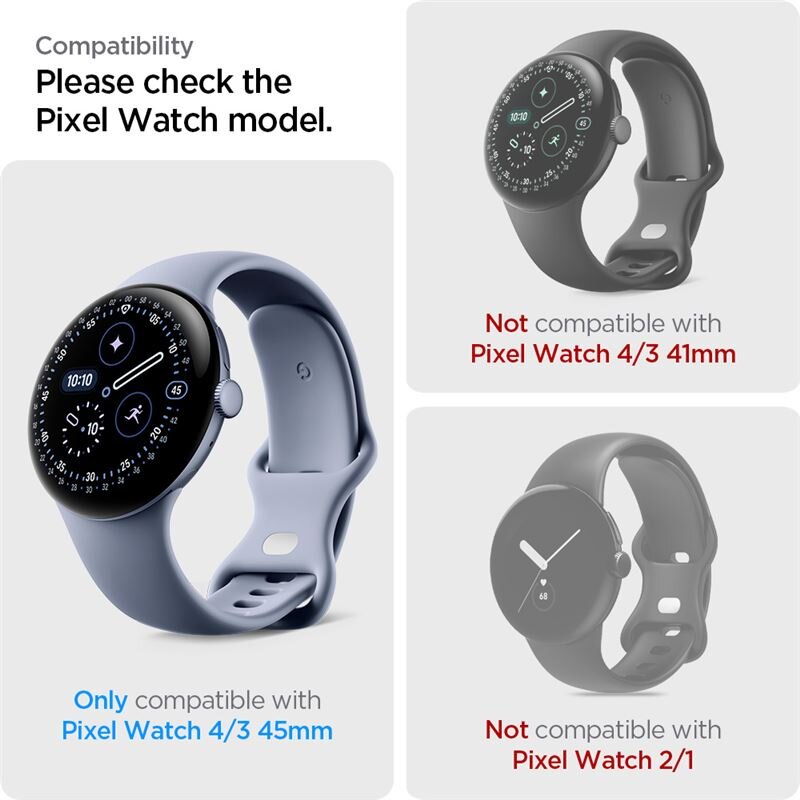 Obraz przedstawia trzy zegarki Pixel Watch z informacją o kompatybilności. Tekst: \'Compatibility Please check the Pixel Watch model. Only compatible with Pixel Watch 4/3 45mm. Not compatible with Pixel Watch 4/3 41mm. Not compatible with Pixel Watch 2/1.\'