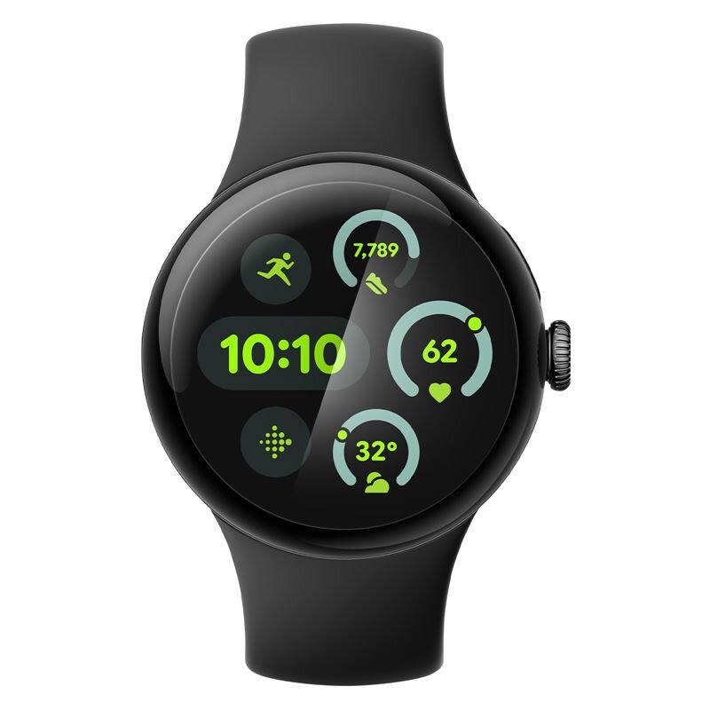 Smartwatch z czarnym paskiem i okrągłym wyświetlaczem, na którym widoczne są kolorowe ikony i cyfry, w tym godzina 10:10 oraz liczby 7,789, 62 i 32°.