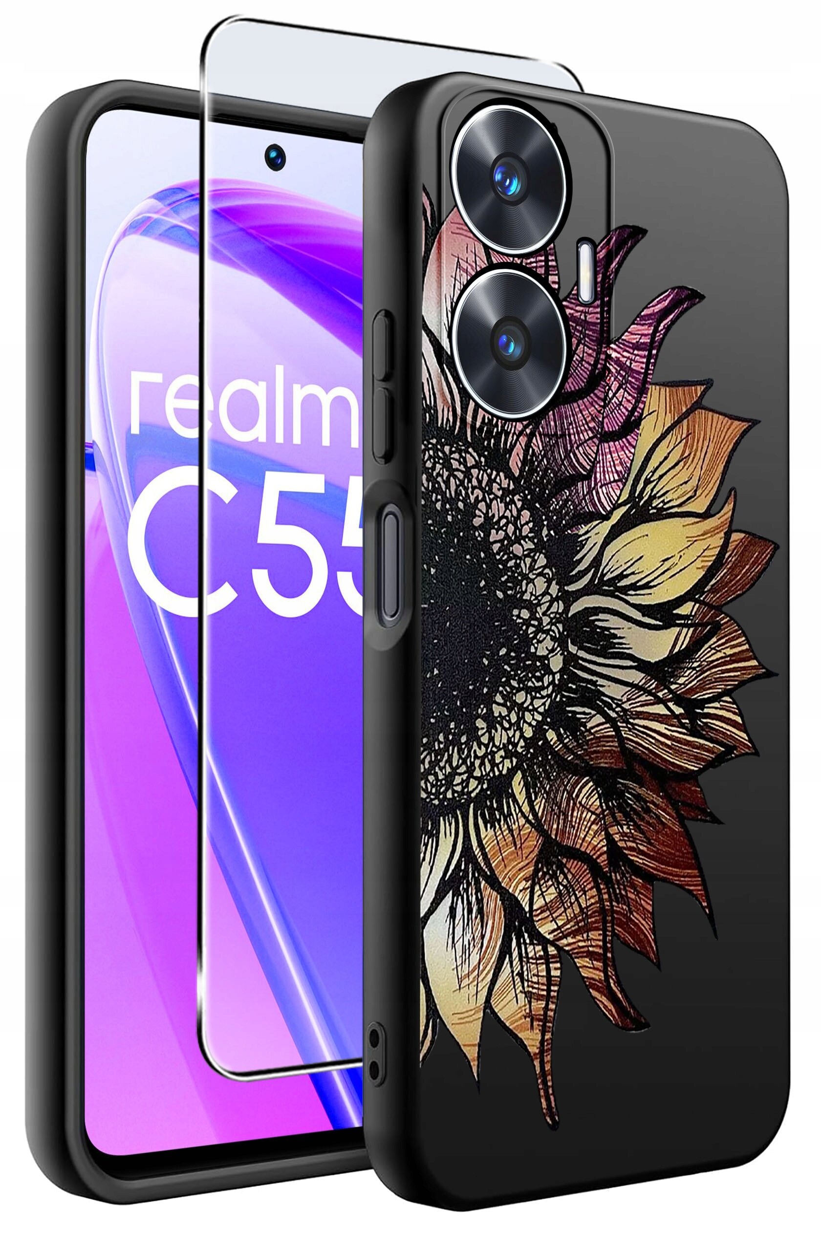Na obrazie widoczne jest etui na telefon z wzorem słonecznika oraz szkło ochronne. Na ekranie telefonu widnieje napis \'realme C55\'.