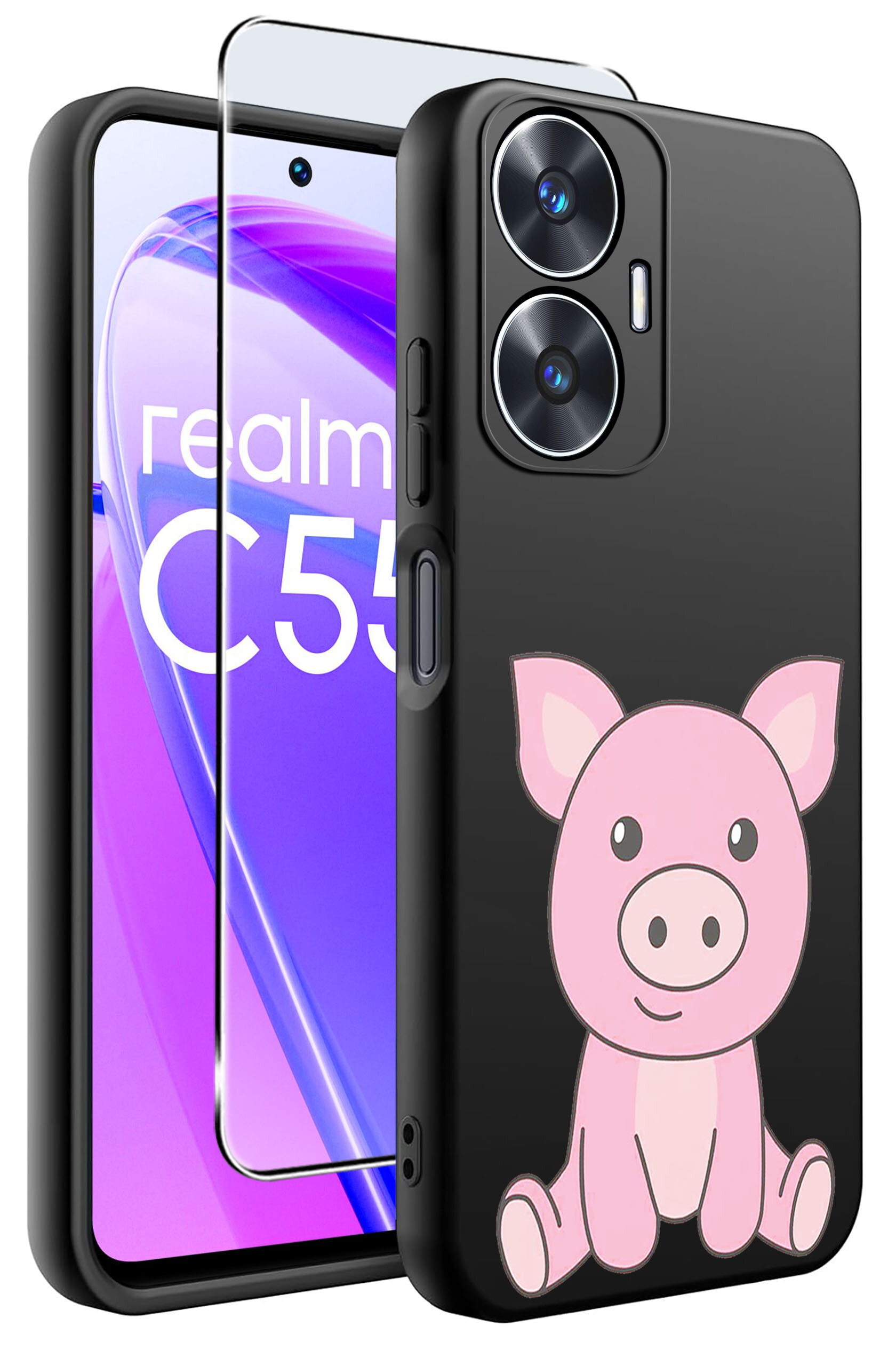 Obraz przedstawia czarne etui na telefon z rysunkiem różowej świnki oraz szkło ochronne. Na ekranie telefonu widoczny jest napis \'realme C55\'.