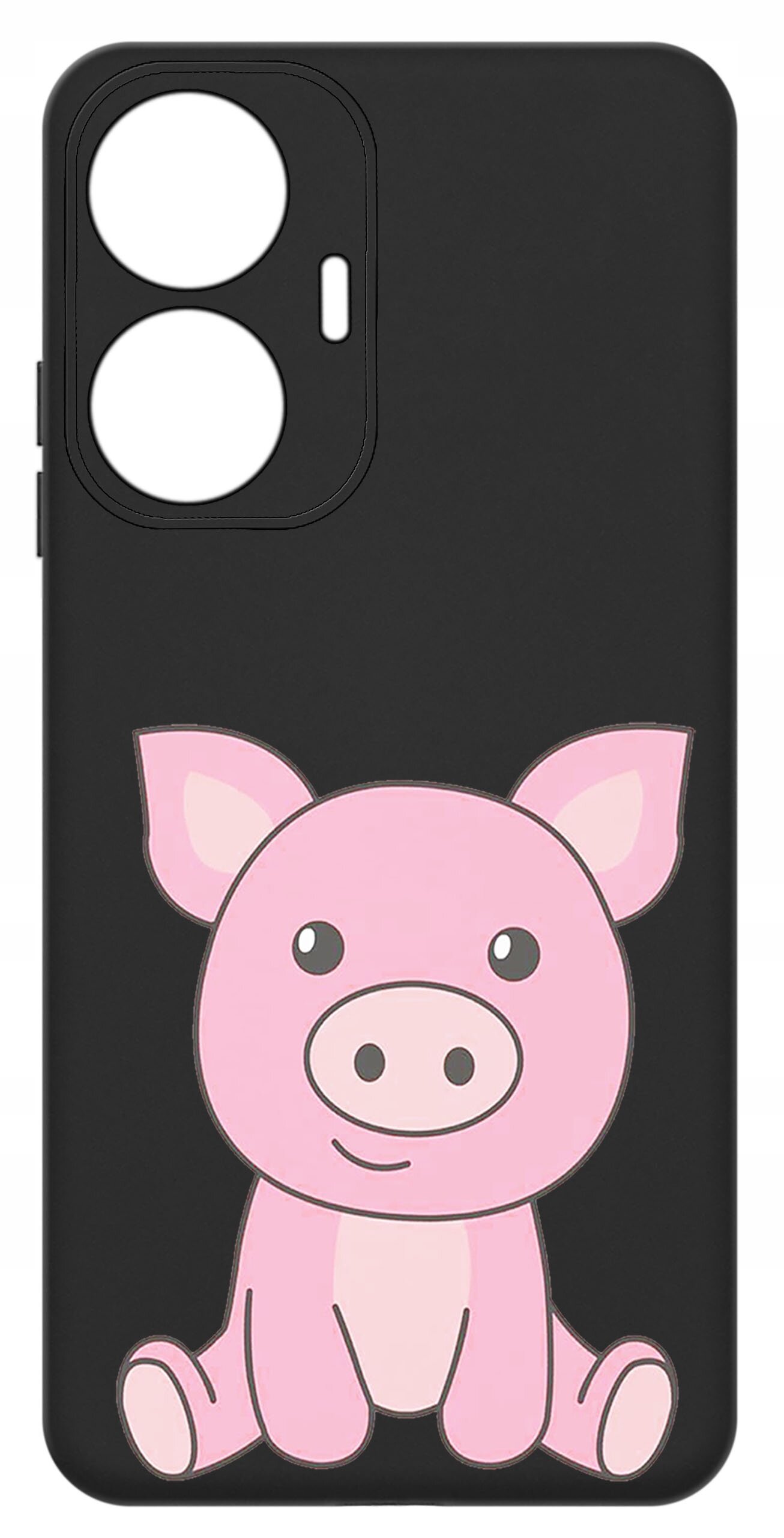 Czarne etui na telefon z nadrukiem różowej świnki siedzącej przodem. Etui ma dwa duże otwory na aparat i dodatkowy mniejszy otwór obok.