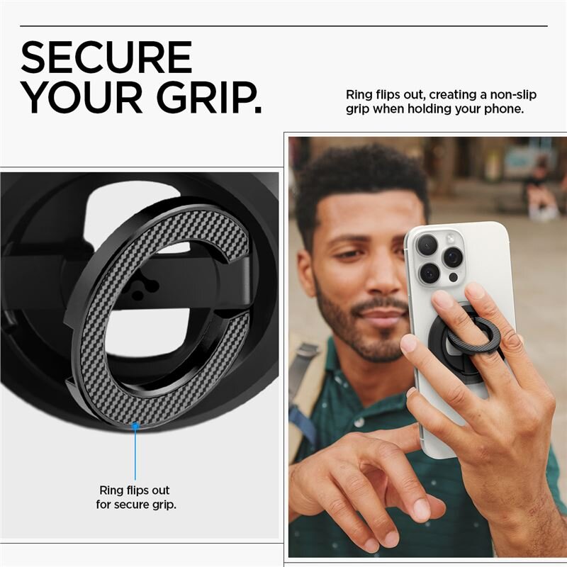 Obraz przedstawia uchwyt magnetyczny do telefonu z wysuwanym pierścieniem, który zapewnia pewny chwyt. Tekst na obrazie: \'SECURE YOUR GRIP. Ring flips out, creating a non-slip grip when holding your phone.\'