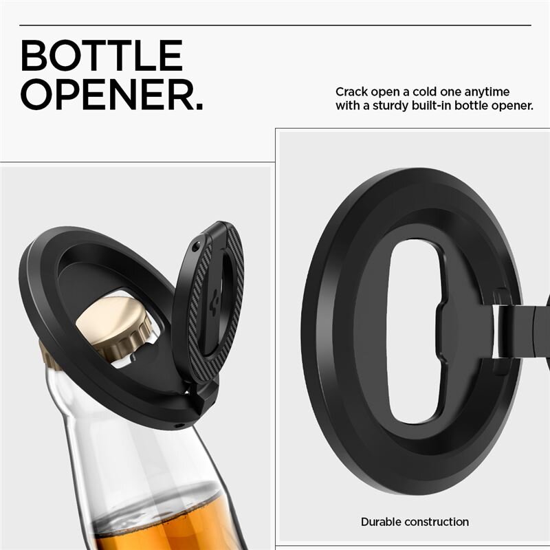 Obraz przedstawia otwieracz do butelek w kolorze czarnym, zamontowany na szyjce butelki. Widoczny jest napis \'BOTTLE OPENER.\' oraz \'Durable construction\'.