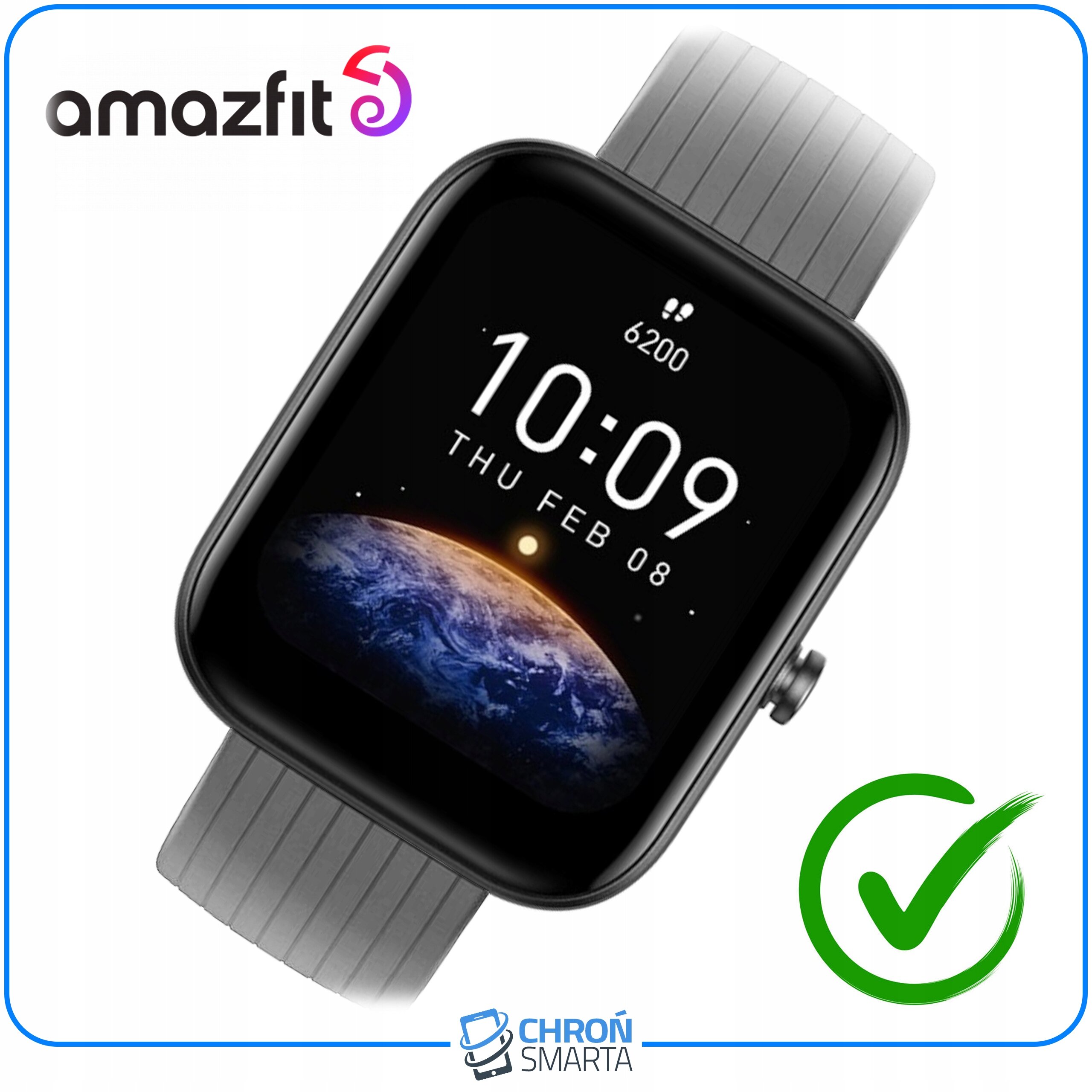 Na obrazie widoczny jest smartwatch z czarnym paskiem, na ekranie którego wyświetlana jest godzina 10:09 oraz data \'THU FEB 08\'. W lewym górnym rogu znajduje się logo \'amazfit\', a na dole logo \'CHROŃ SMARTA\'.