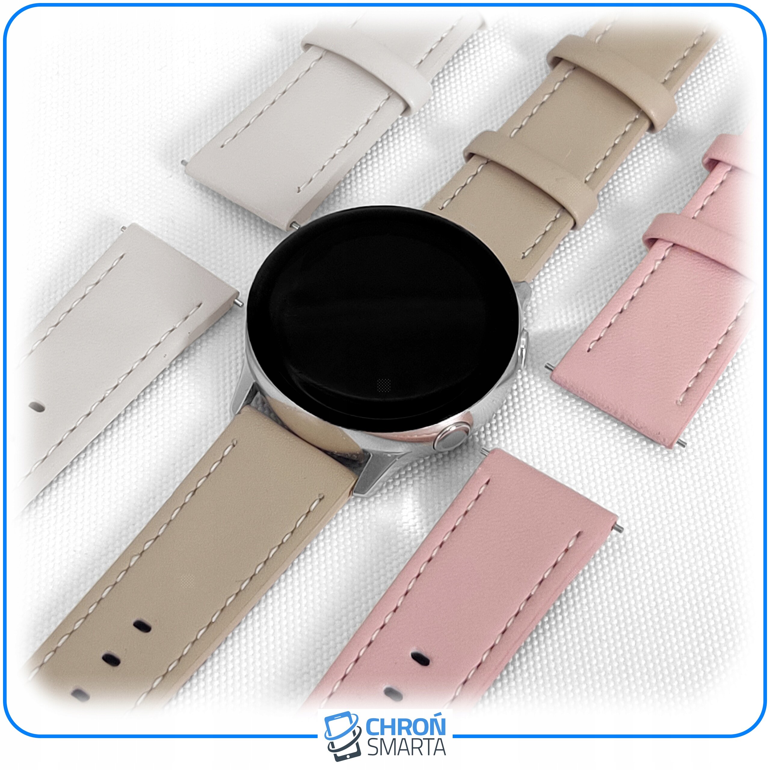 Na obrazie widoczny jest smartwatch z kilkoma wymiennymi paskami w kolorach beżowym, różowym i białym. Na dole znajduje się logo \'CHROŃ SMARTA\'.