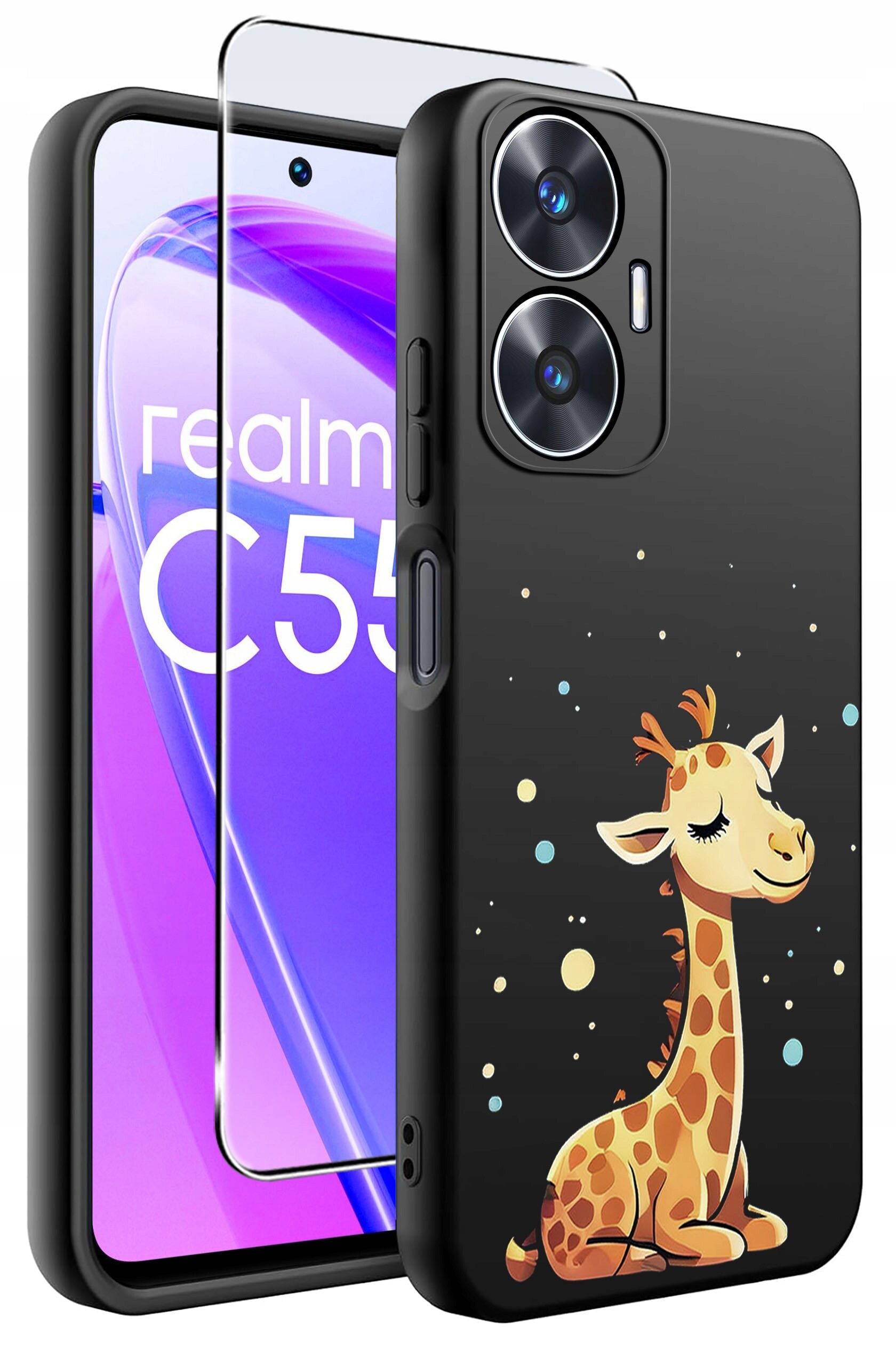 Obraz przedstawia czarne etui na telefon z grafiką żyrafy oraz szkło ochronne. Na ekranie telefonu widoczny jest napis \'realme C55\'.