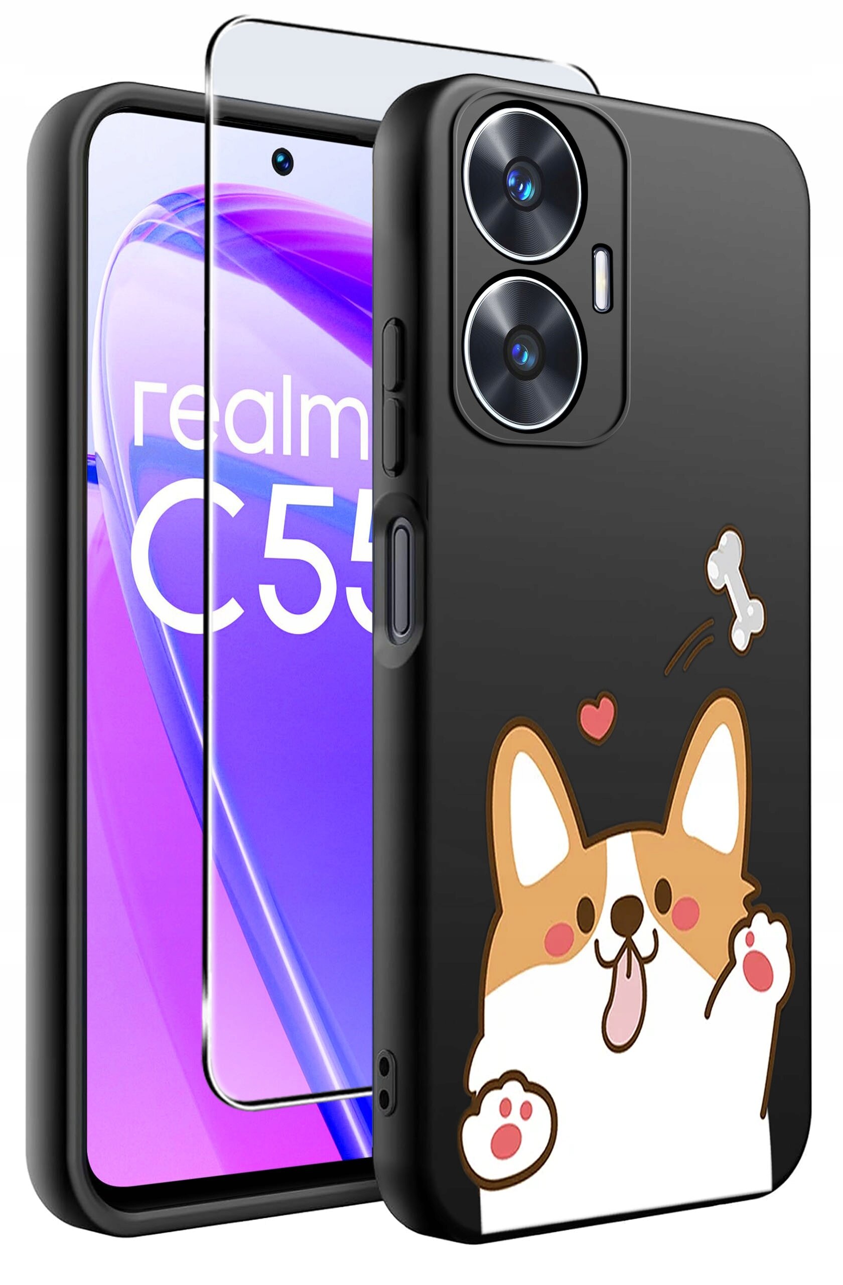 Na obrazie widoczne jest czarne etui z rysunkiem psa i kością oraz szkło ochronne na telefon. Na ekranie telefonu widnieje napis \'realme C55\'.