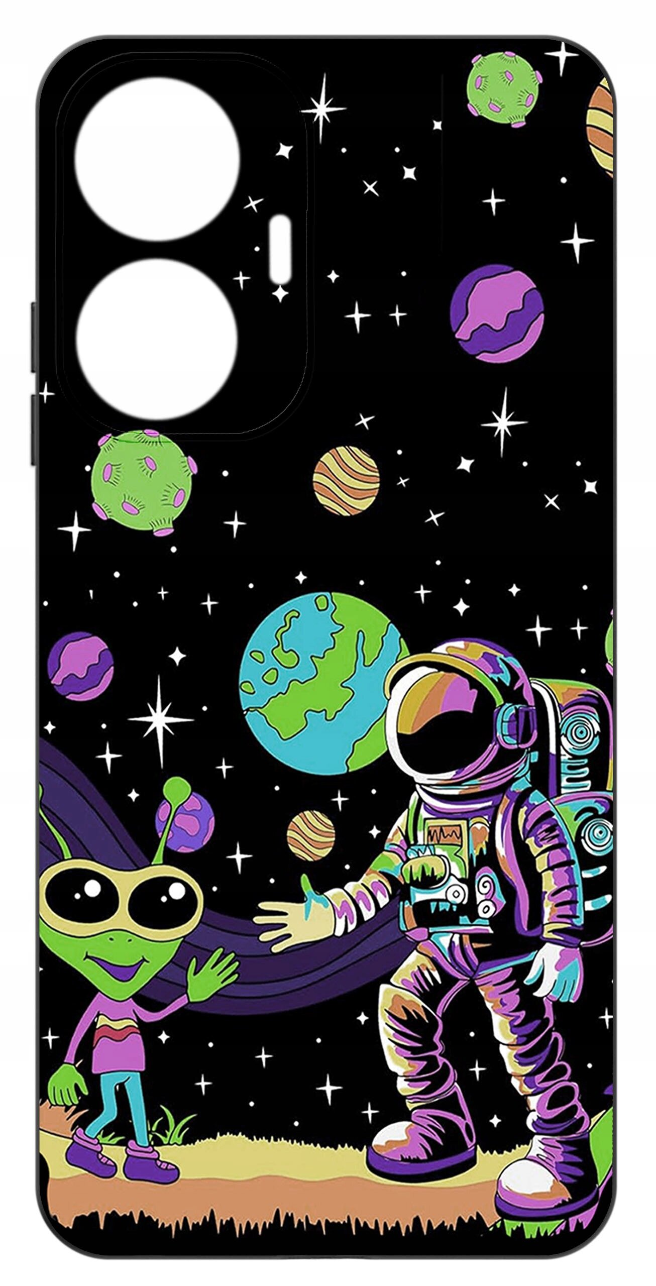 Etui przedstawia kolorowy rysunek kosmonauty i zielonego kosmity na tle kosmosu z planetami i gwiazdami.