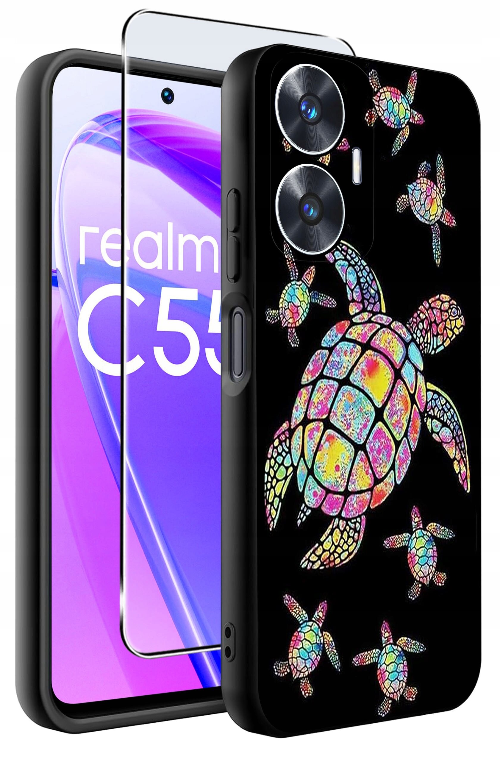 Obraz przedstawia etui na telefon z kolorowym wzorem żółwi na czarnym tle oraz szkło ochronne. Na ekranie telefonu widoczny jest napis \'realme C55\'.