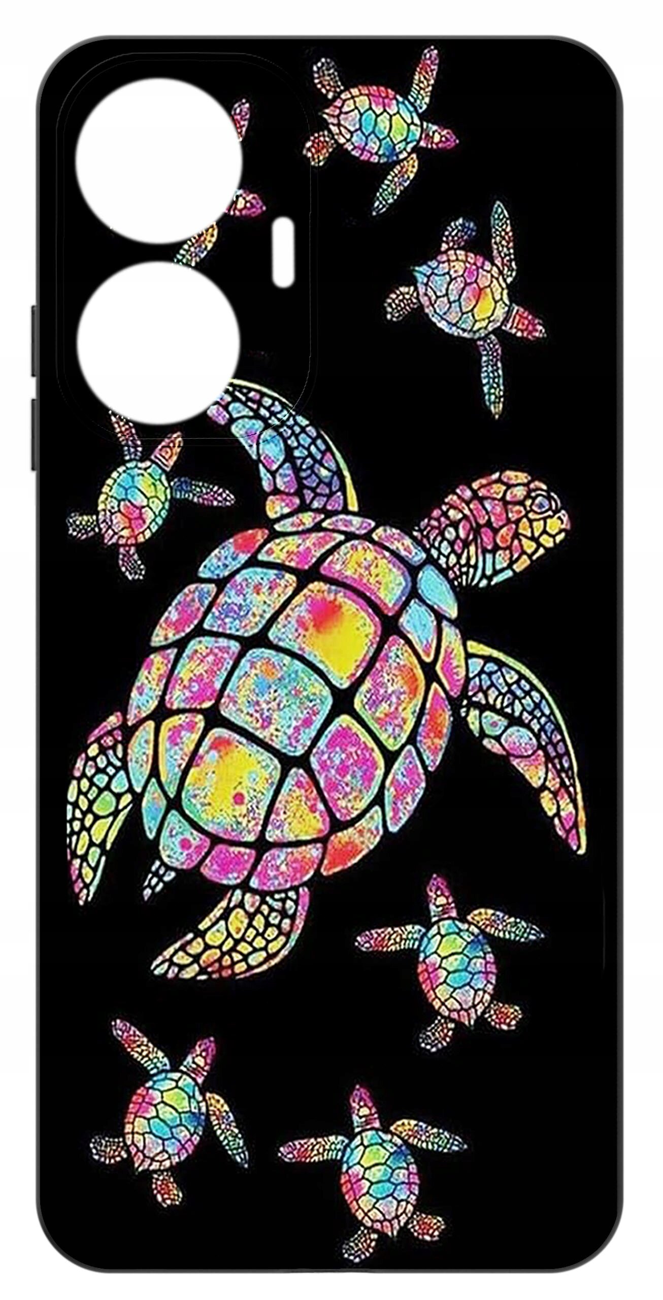 Etui na telefon z kolorowym wzorem żółwi na czarnym tle, z wycięciami na aparat i przyciski.