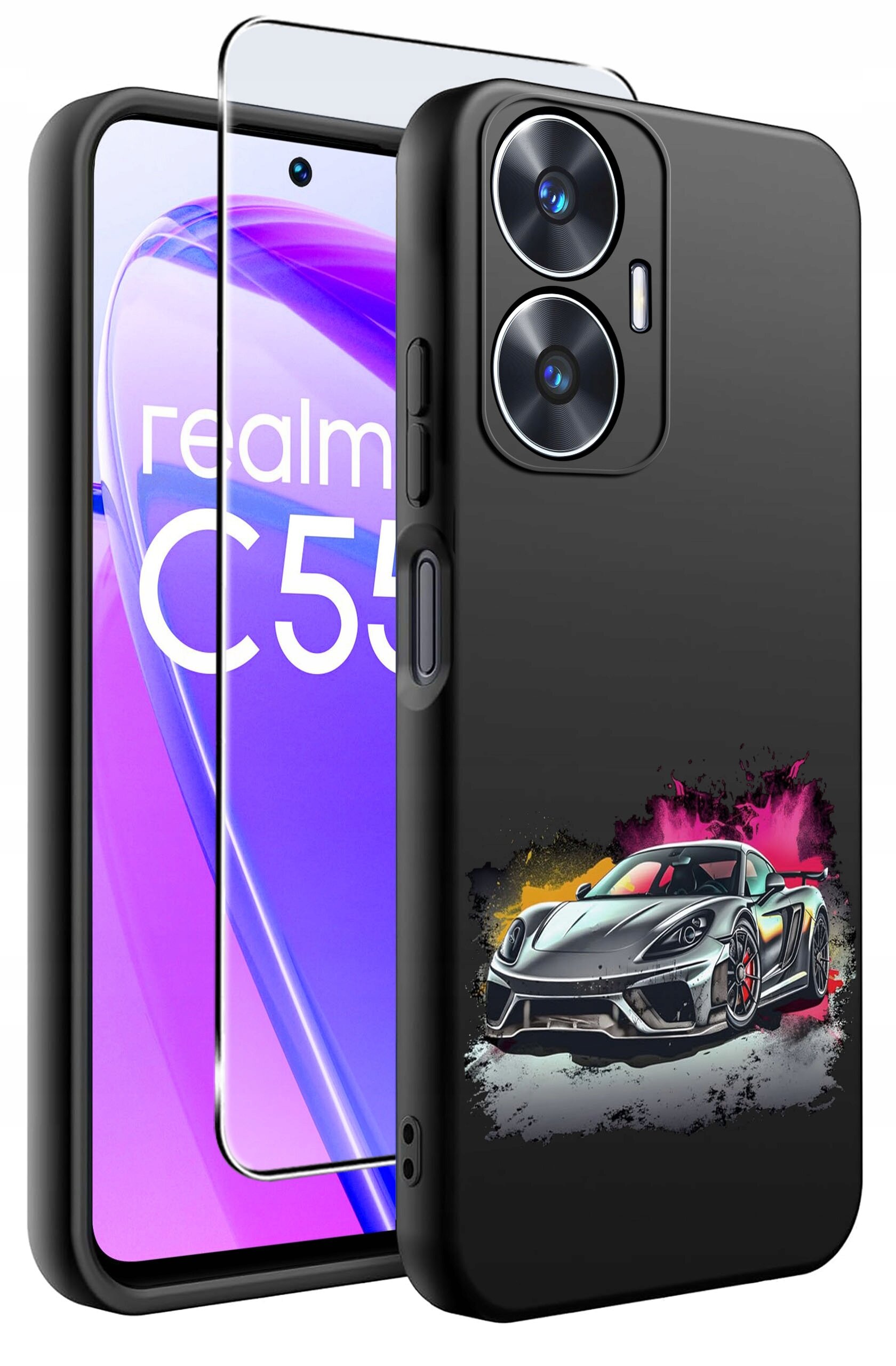 Obraz przedstawia silikonowe etui na telefon z nadrukiem sportowego samochodu na tle kolorowych plam. Obok etui znajduje się szkło ochronne oraz telefon z widocznym napisem \'realme C55\'.