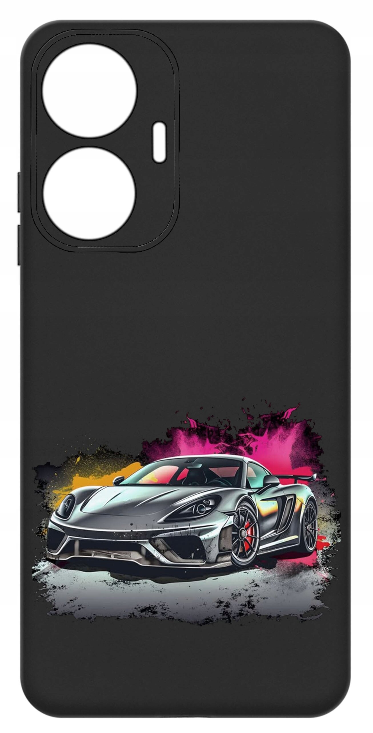 Czarne etui na telefon z nadrukiem sportowego samochodu na tle kolorowych plam w odcieniach różu i żółci. Etui posiada wycięcia na aparat i przyciski.