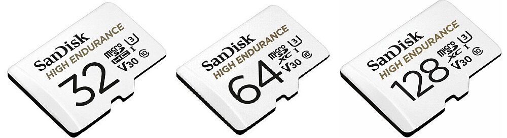 Trzy karty pamięci SanDisk High Endurance microSD o pojemnościach 32GB, 64GB i 128GB. Na każdej karcie widoczne są oznaczenia: microSD, U3, V30, C10.