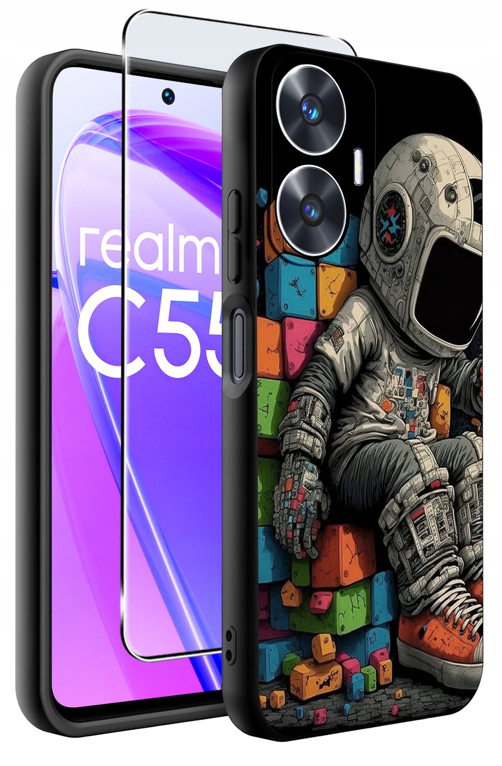 Obraz przedstawia etui na telefon z kolorowym wzorem przedstawiającym astronautę siedzącego na klockach. Obok etui widoczny jest telefon z napisem \'realme C55\' oraz szkło ochronne.