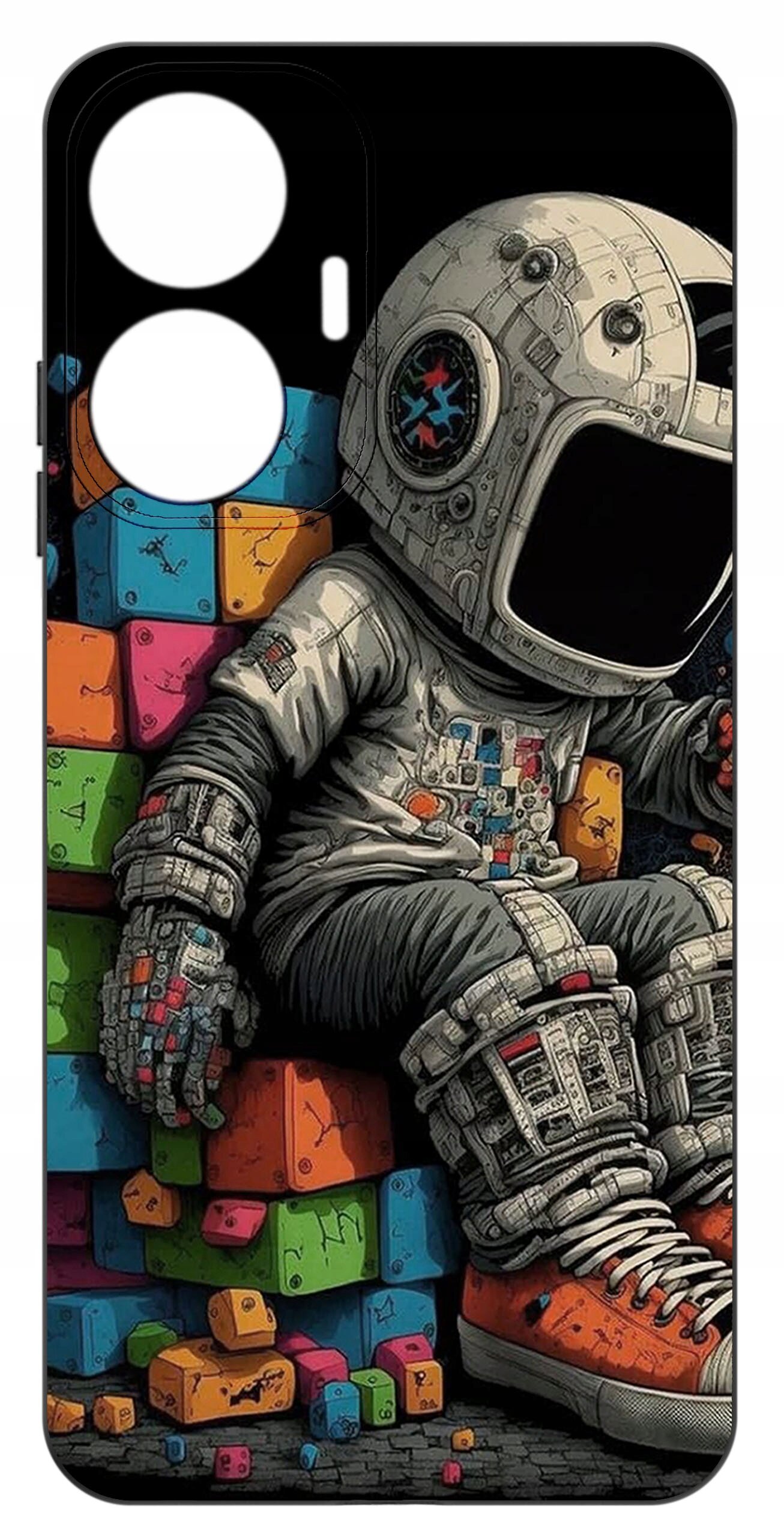 Etui na telefon z kolorowym nadrukiem przedstawiającym astronautę siedzącego na stosie kolorowych klocków. Astronauta ma na sobie szczegółowy skafander i pomarańczowe buty.