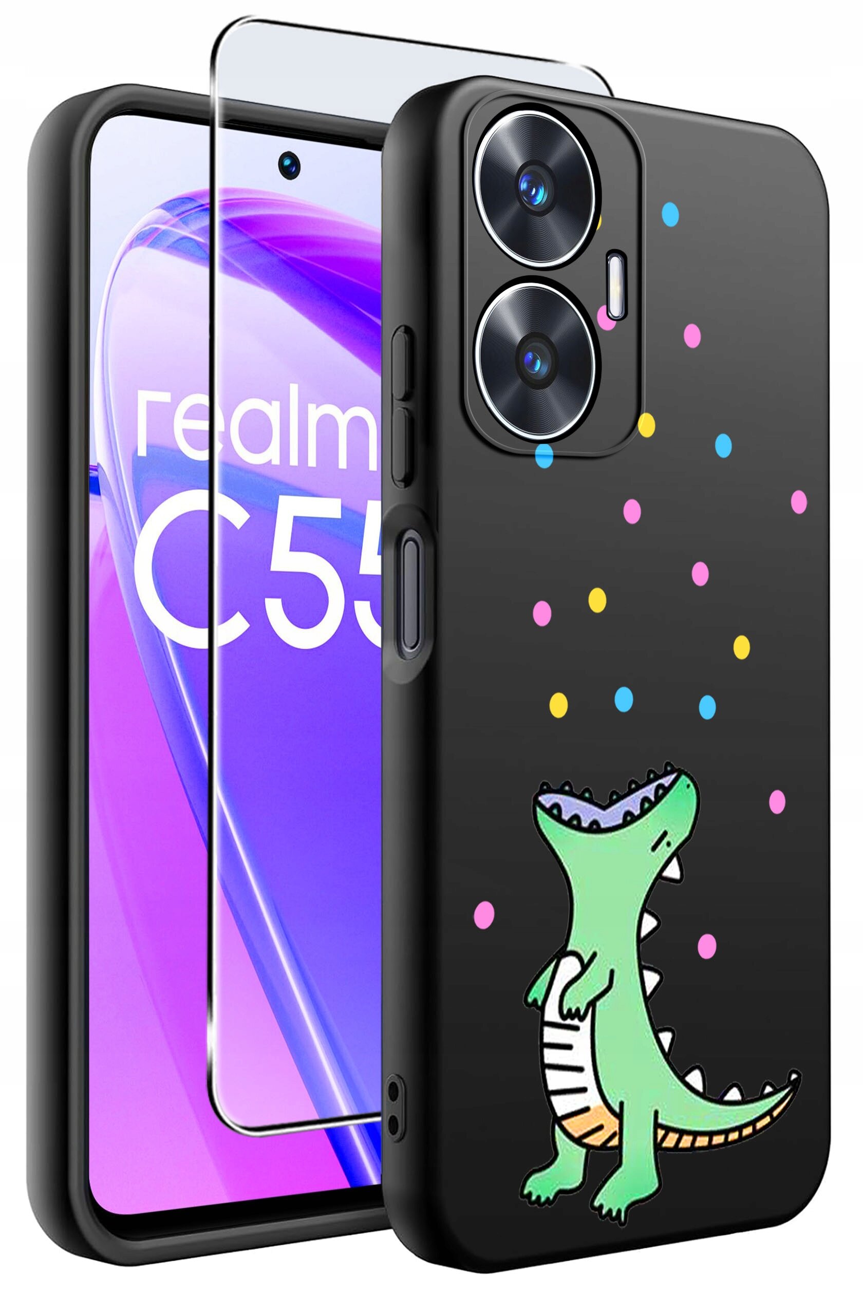 Obraz przedstawia czarne etui na telefon z kolorowym wzorem dinozaura i kolorowymi kropkami. Obok etui znajduje się szkło ochronne, a na ekranie telefonu widoczny jest napis \'realme C55\'.