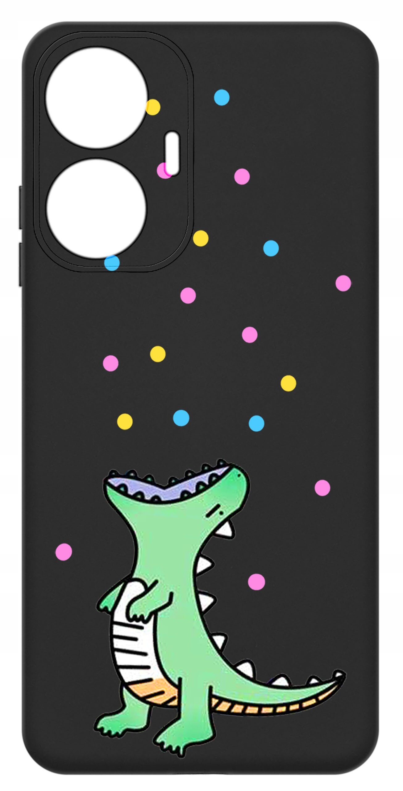 Czarne etui z kolorowym wzorem przedstawiającym zielonego dinozaura oraz rozrzucone kolorowe kropki. Etui ma dwa wycięcia na aparat i dodatkowy otwór na lampę błyskową.