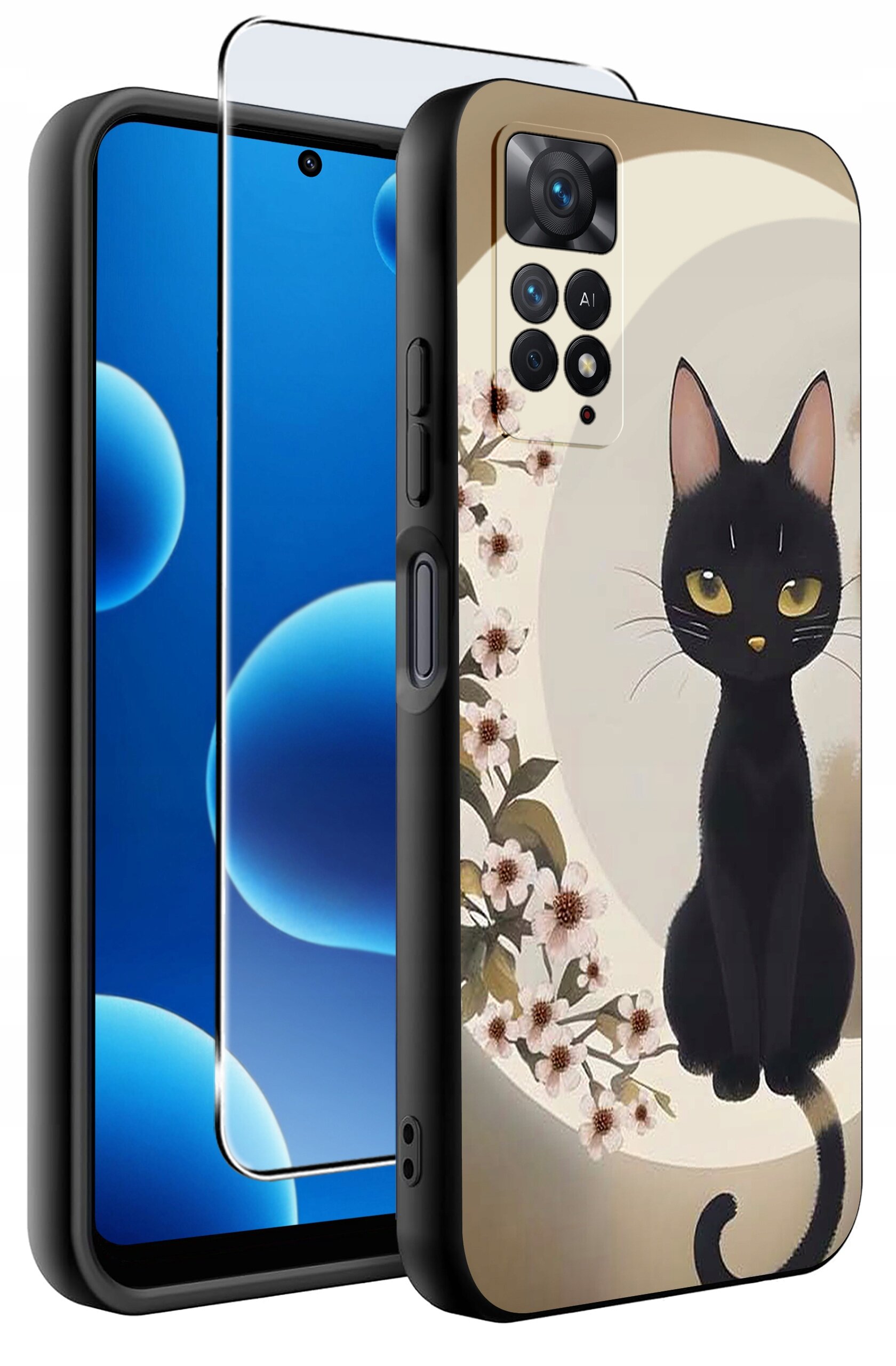 Etui na telefon z nadrukiem czarnego kota siedzącego na tle okręgu z kwiatami. Obok etui znajduje się szkło ochronne na ekran.