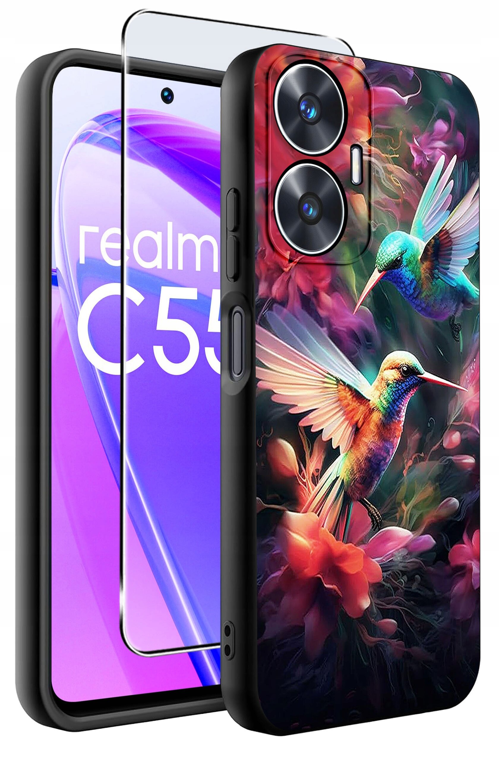 Obraz przedstawia etui na telefon z kolorowym wzorem kolibrów na tle kwiatów. Obok etui widoczny jest telefon z napisem \'realme C55\' na ekranie oraz szkło ochronne.