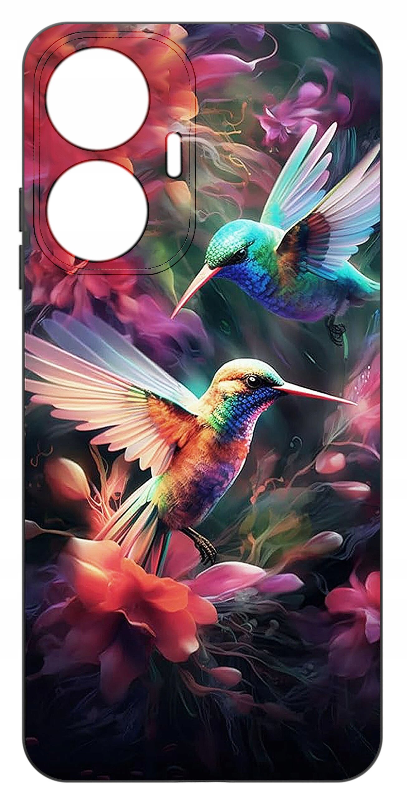Etui na telefon z kolorowym wzorem przedstawiającym dwa kolibry wśród kwiatów. Etui ma wycięcia na aparat i inne elementy telefonu.