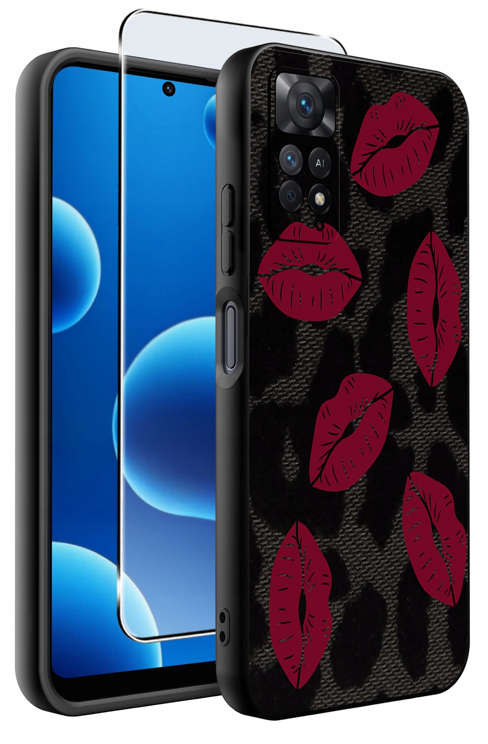 Obraz przedstawia etui na telefon z czarnym wzorem i czerwonymi nadrukami w kształcie ust. Obok etui znajduje się szkło ochronne na ekran.
