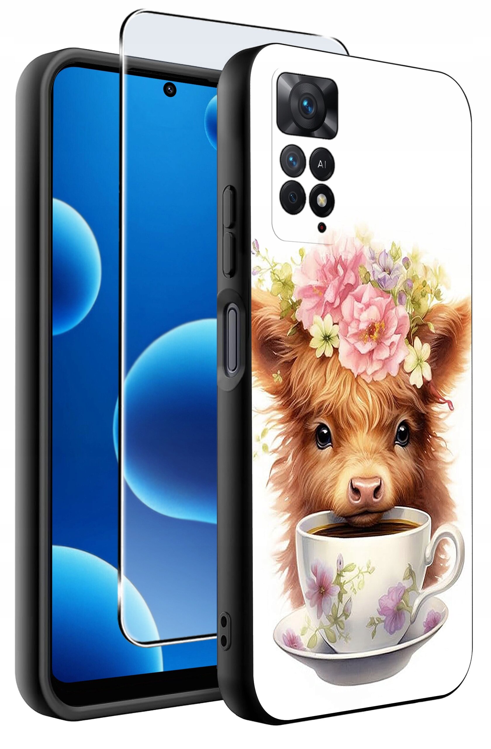 Etui na telefon z nadrukiem przedstawiającym zwierzę z kwiatami na głowie i filiżanką. Obok etui znajduje się szkło ochronne na ekran.