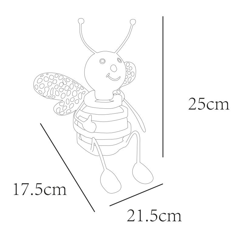 Ilustracja przedstawia kontur lampy solarnej w kształcie pszczoły z wymiarami: wysokość 25 cm, szerokość 21,5 cm, głębokość 17,5 cm. Pszczoła ma skrzydła z kropkami, uśmiechniętą twarz i czułki.