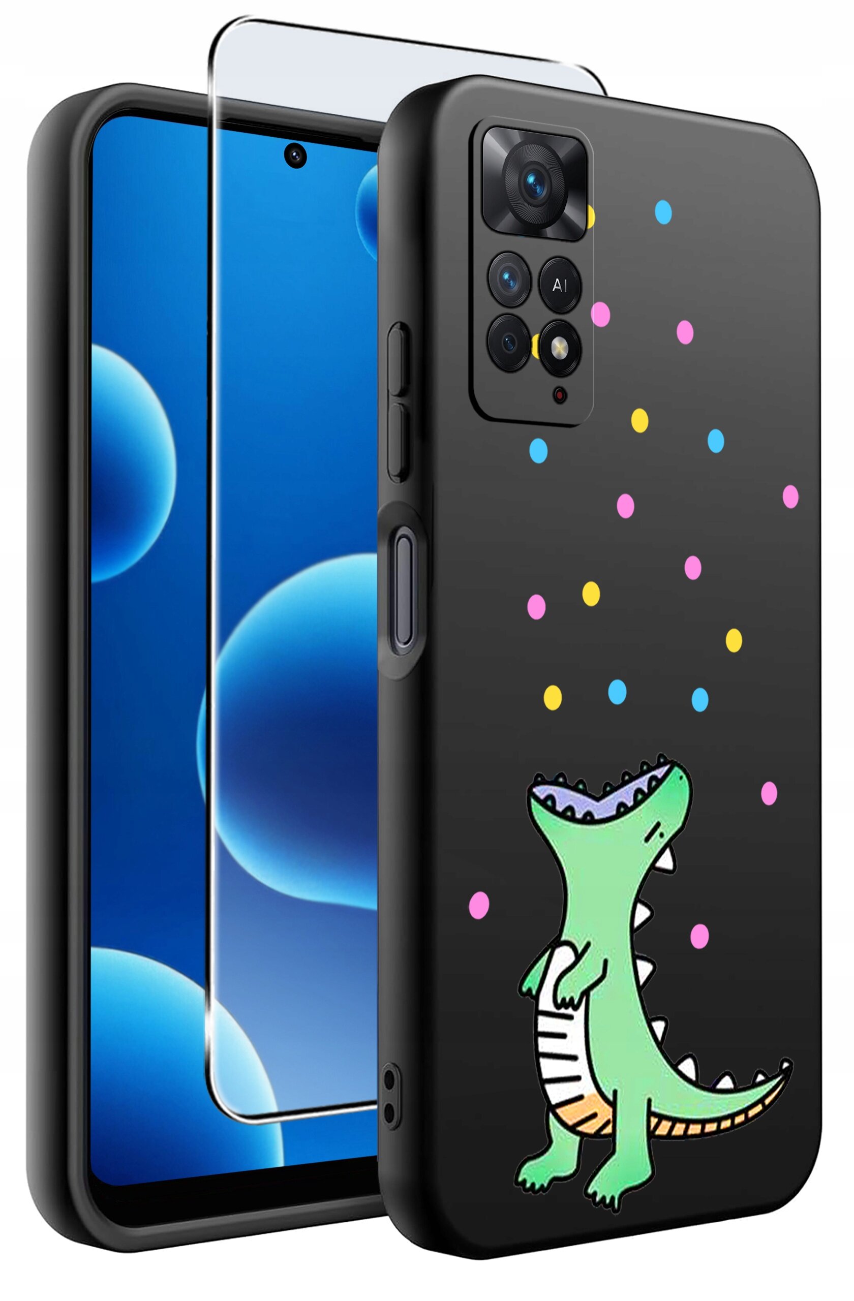 Czarne silikonowe etui na telefon z kolorowym wzorem przedstawiającym zielonego dinozaura i kolorowe kropki. W zestawie znajduje się również szkło ochronne na ekran.