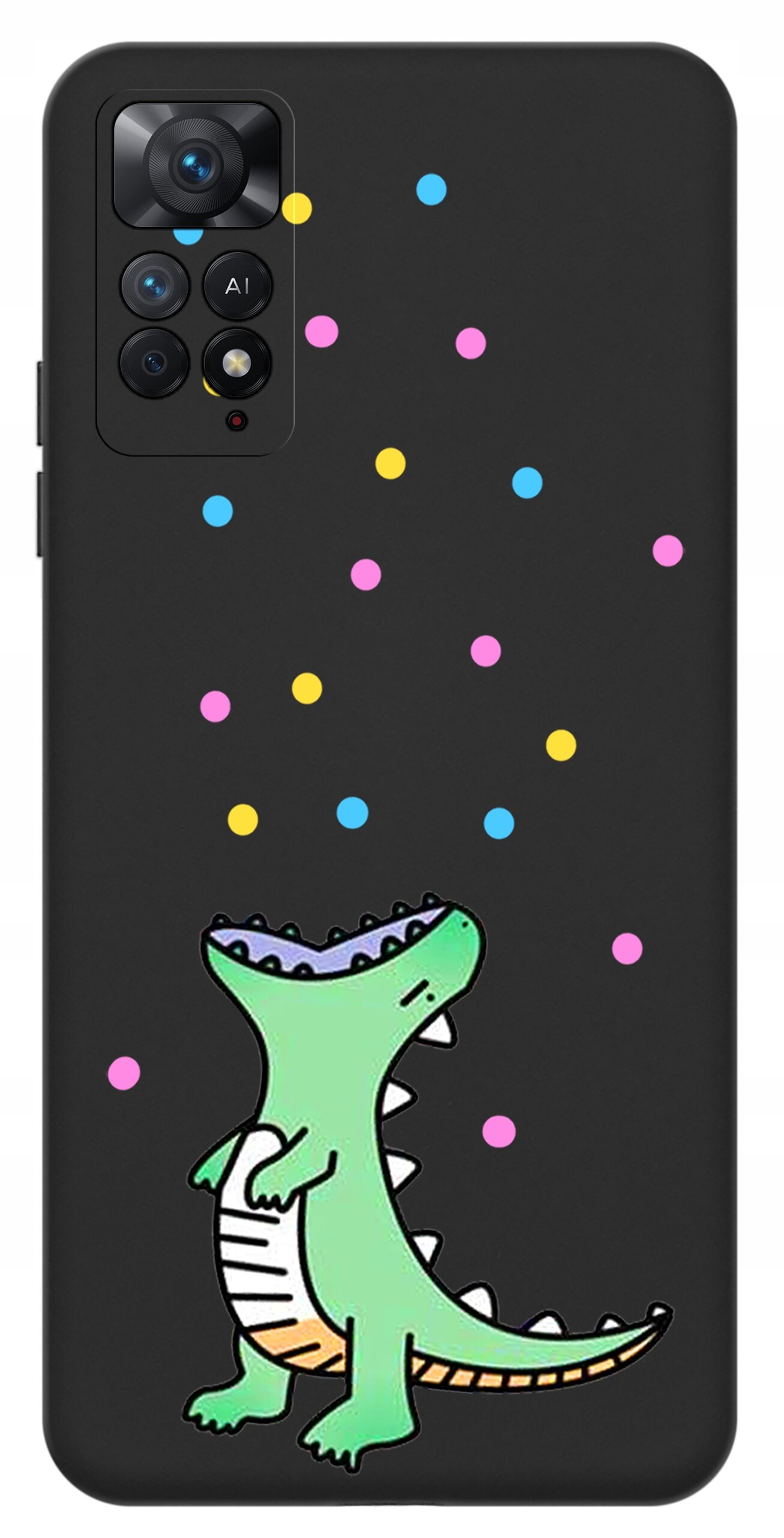 Czarne etui z kolorowym wzorem przedstawiającym zielonego dinozaura oraz kolorowe kropki. Etui posiada wycięcia na aparat i przyciski telefonu.