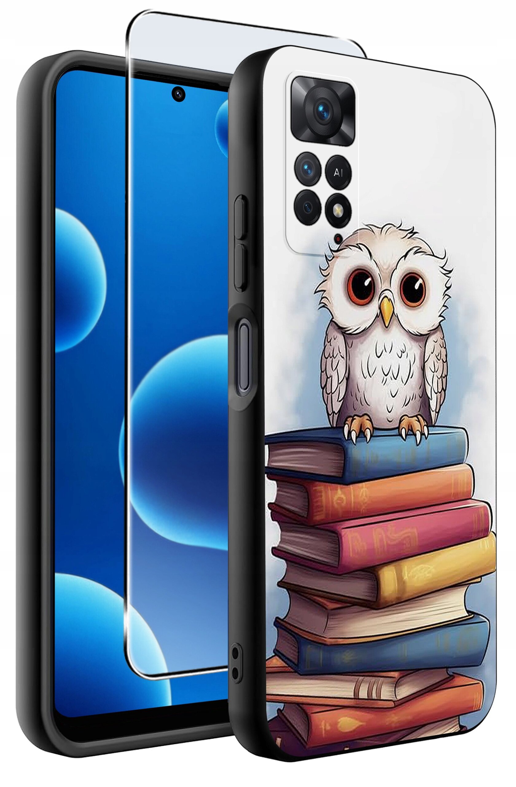 Etui na telefon z nadrukiem sowy siedzącej na stosie książek, obok widoczne szkło ochronne na ekran.